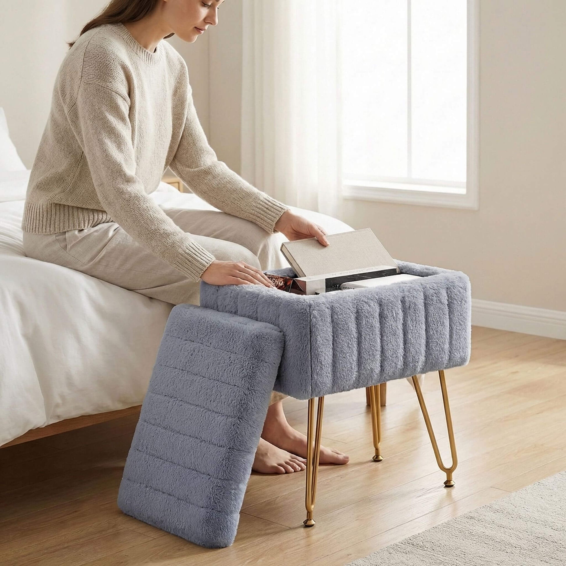 Vanity Stool Chair with Storage and Adjustable Metal Feet