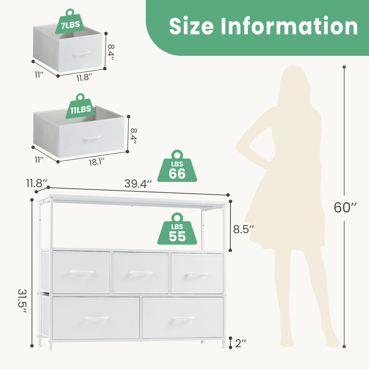 Modern TV Stand with 5 Fabric Drawers, Adjustable Feet, TV Cabinet for Living Room Bedroom