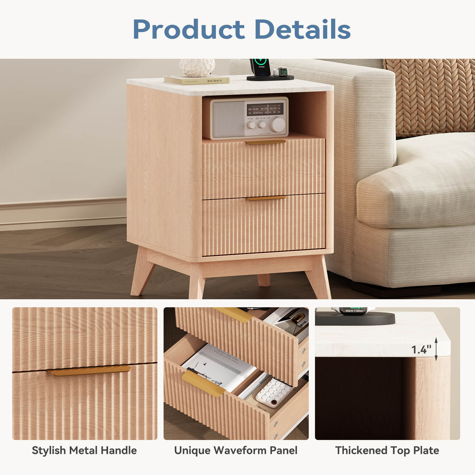 Wooden Nightstand with AC Outlets – Mid-Century Design