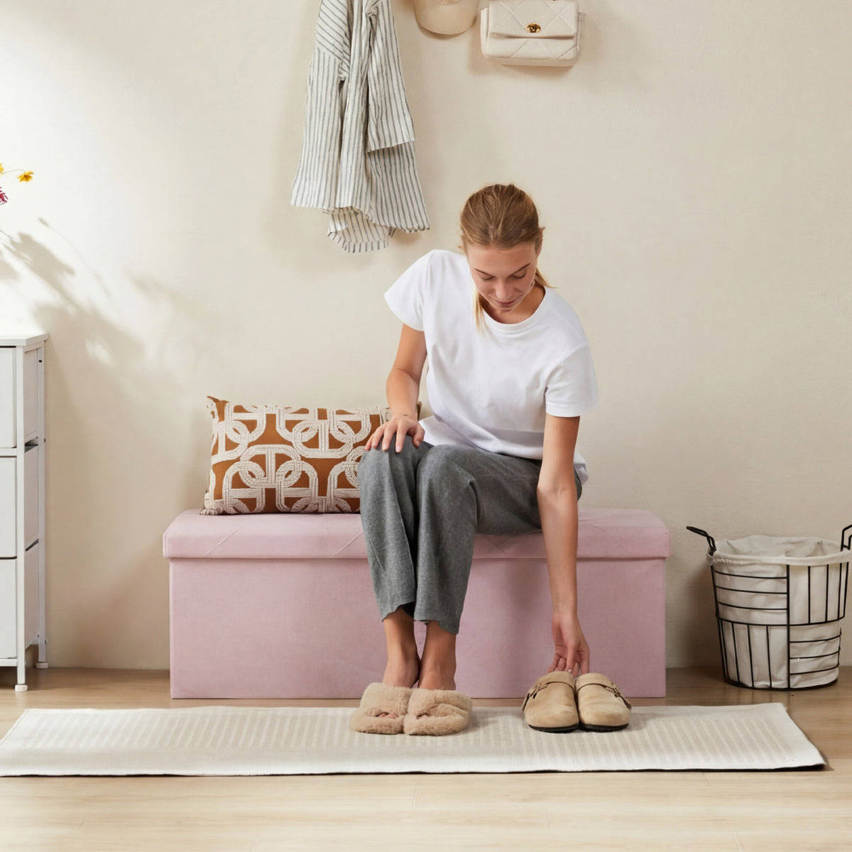 Folding Storage Ottoman Bench with Linen Cushion Top, Versatile Footrest for Bedroom