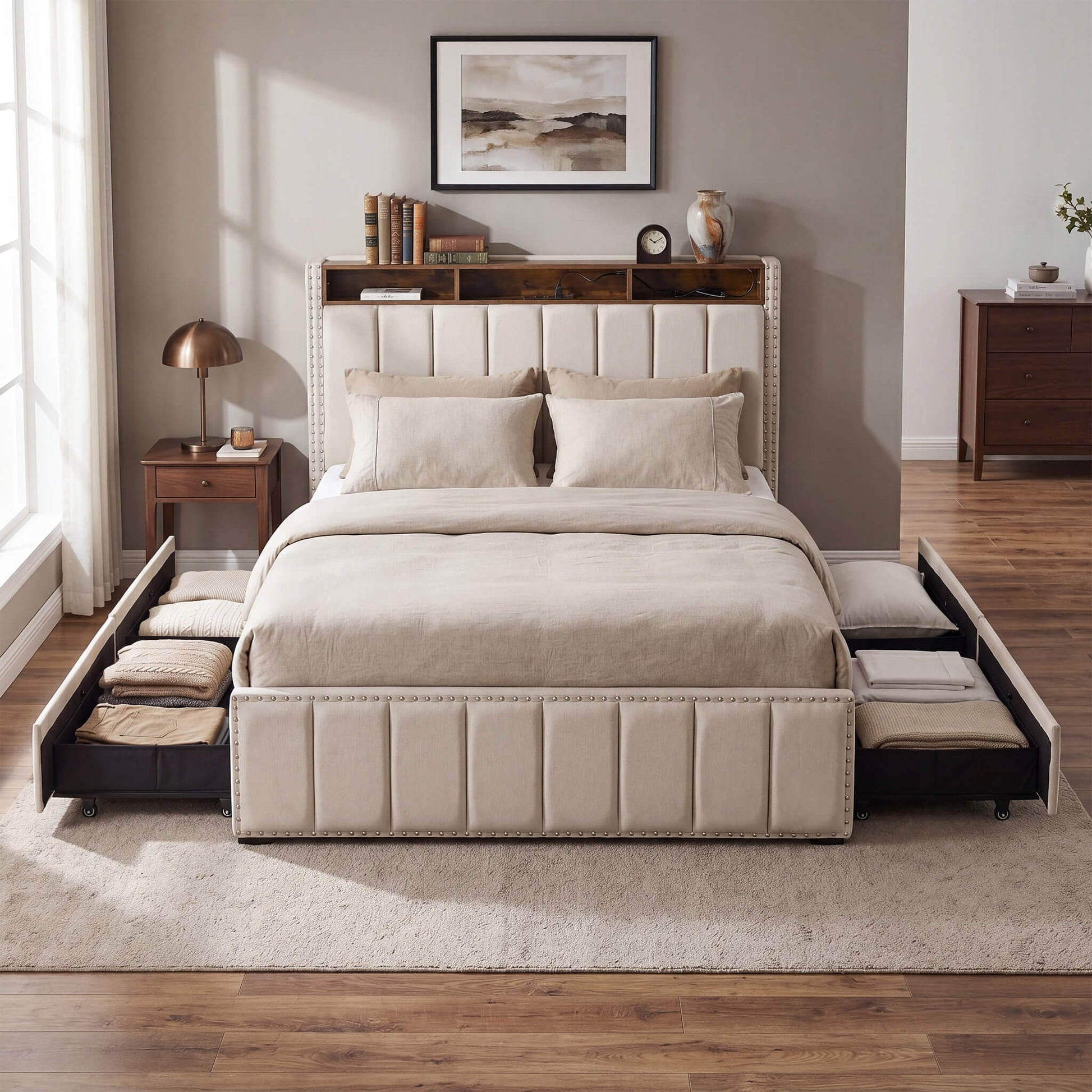 Storage Bed Frame with 4 Drawers – USB & LED Headboard