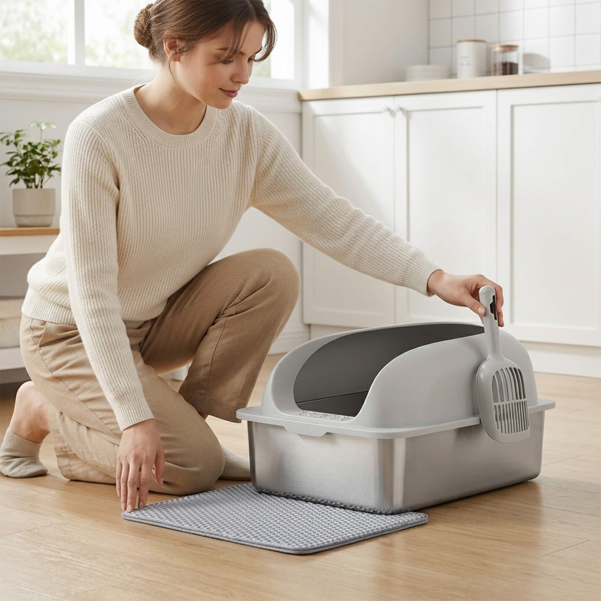 Stainless Steel Cat Litter Box with Scoop & Double-Layer Mat