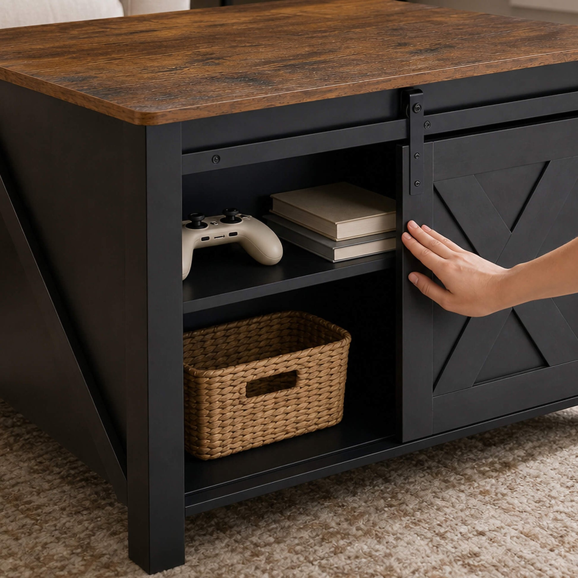 Square Coffee Table with Lift-Top Storage and Sliding Barn Doors