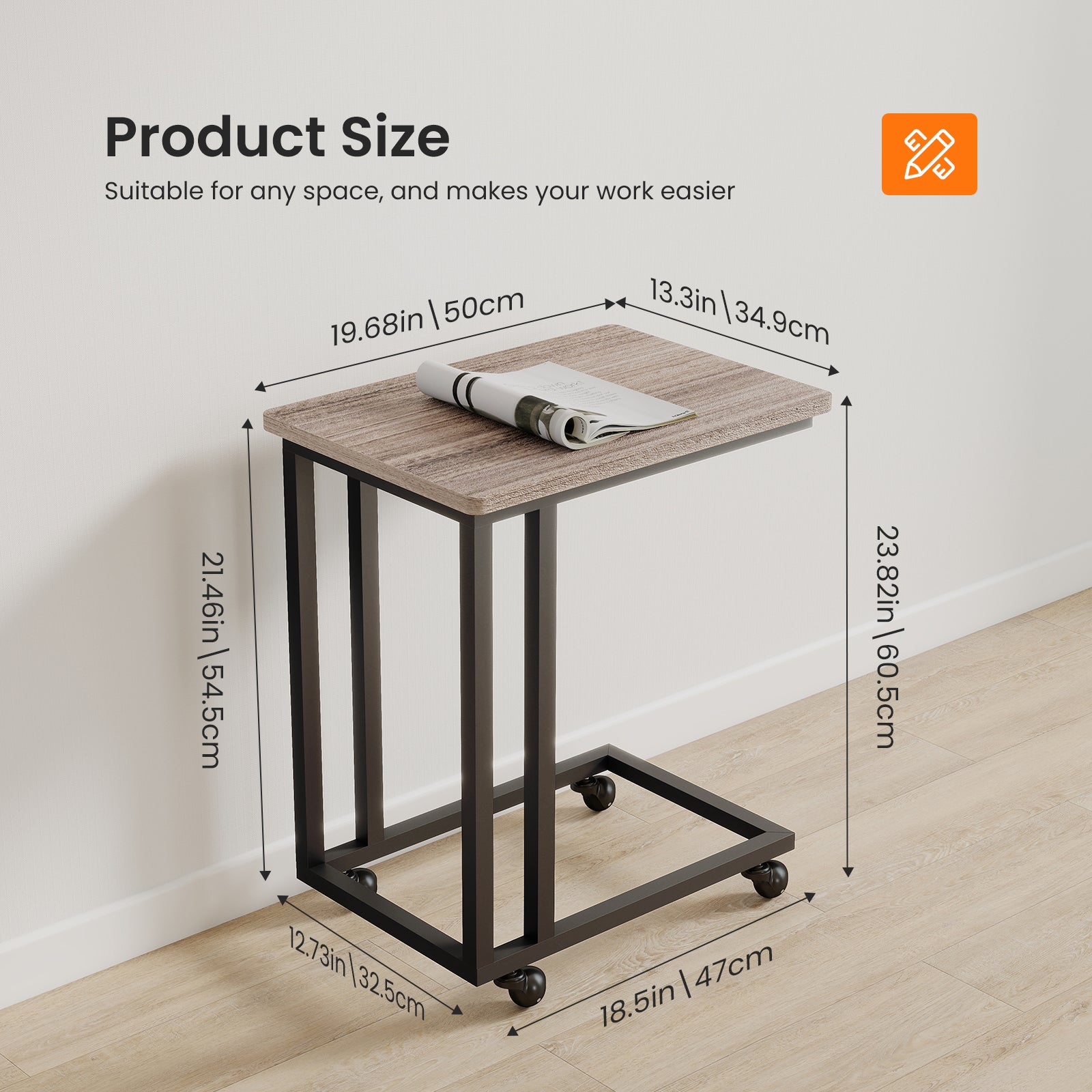 C-Shaped Side Table with Removable Casters for Small Spaces