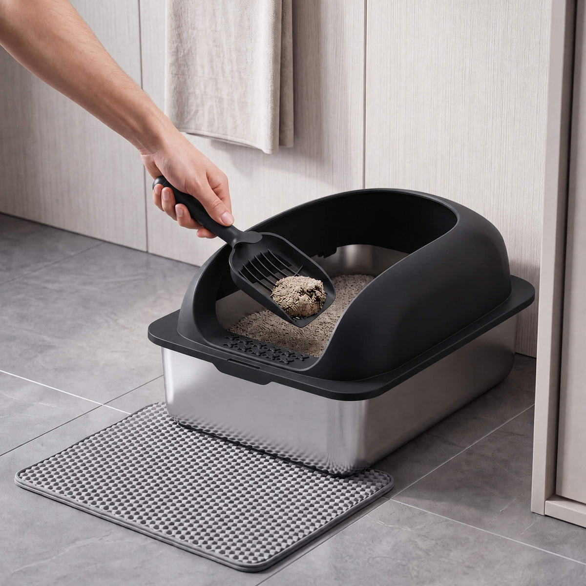 Stainless Steel Cat Litter Box with Scoop & Double-Layer Mat
