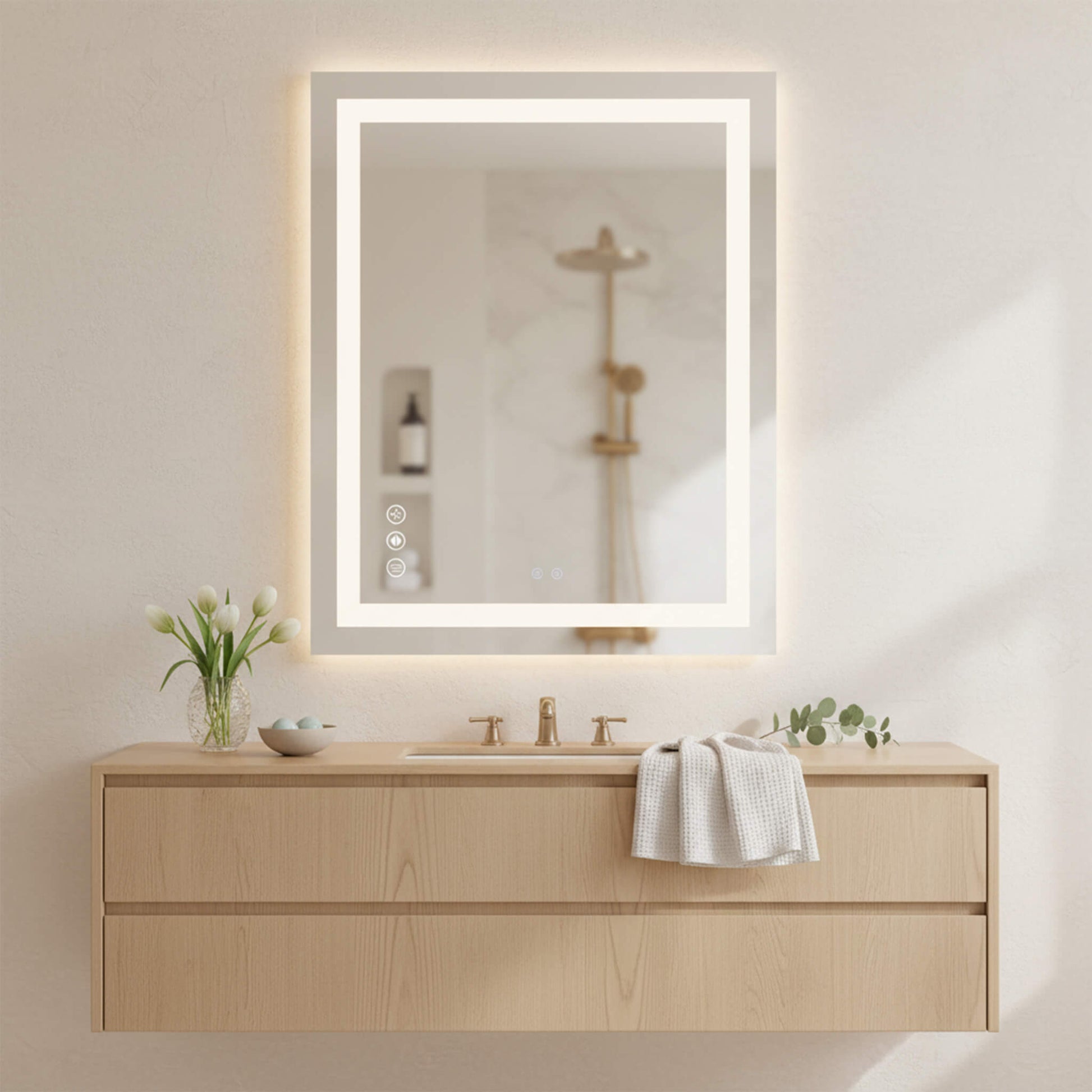 Rectangular LED Bathroom Mirror with Anti-Fog & Touch Control