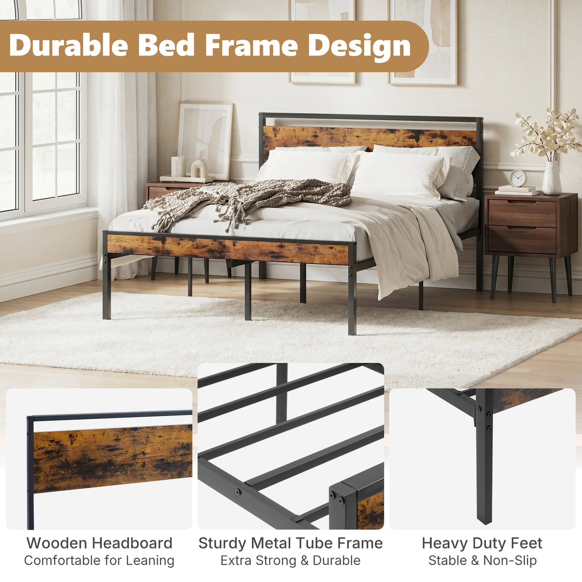 Metal Platform Bed Frame with Wooden Headboard & Footboard, No Box Spring Needed