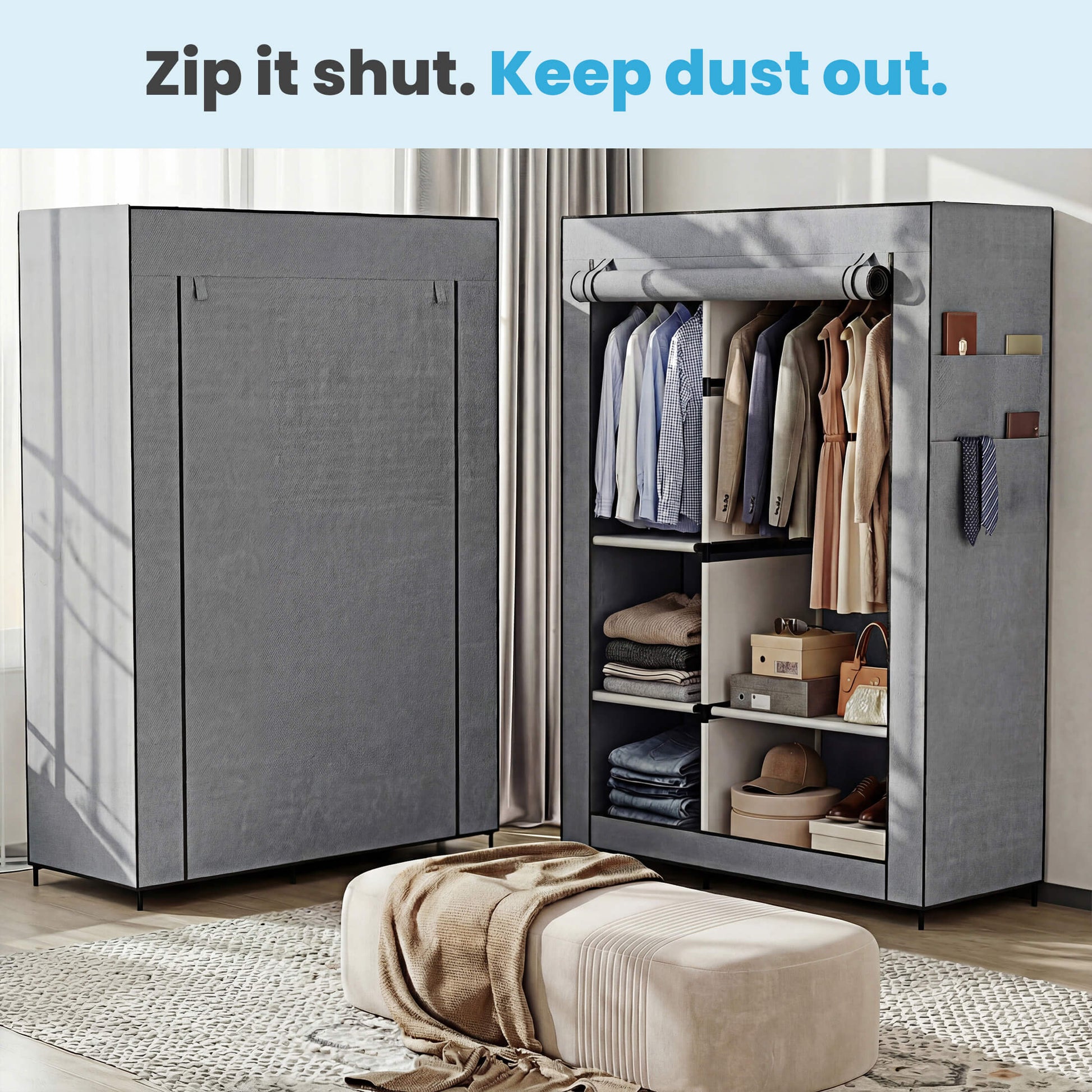 Portable Wardrobe Closet with Cover – Freestanding Clothes Organizer for Bedroom, Dorm & Apartment
