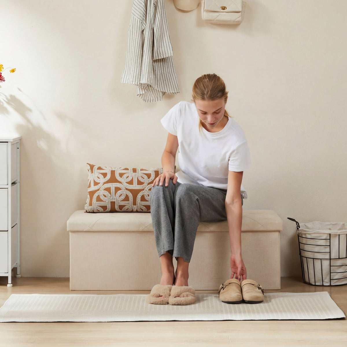 Folding Storage Ottoman Bench with Linen Cushion Top, Versatile Footrest for Bedroom