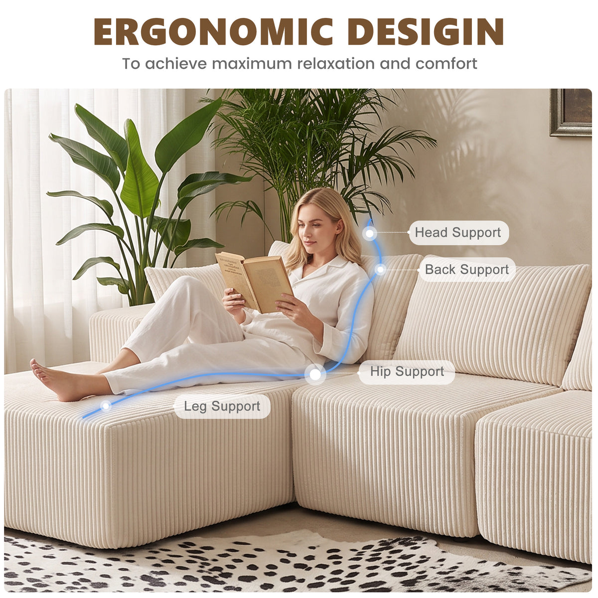108" Modular Sectional Sofa with Chaise, Cloud Plush Corduroy Couch - Beige
