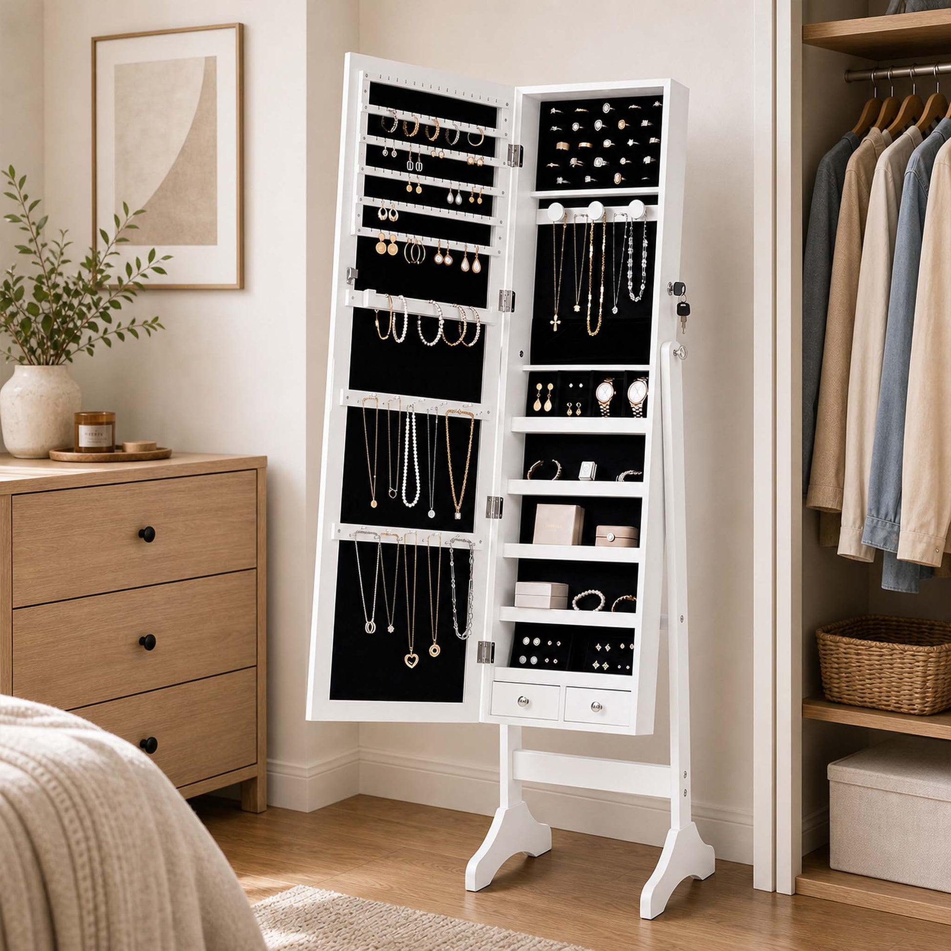 Freestanding Adjustable Full Length Mirror Jewelry Cabinet