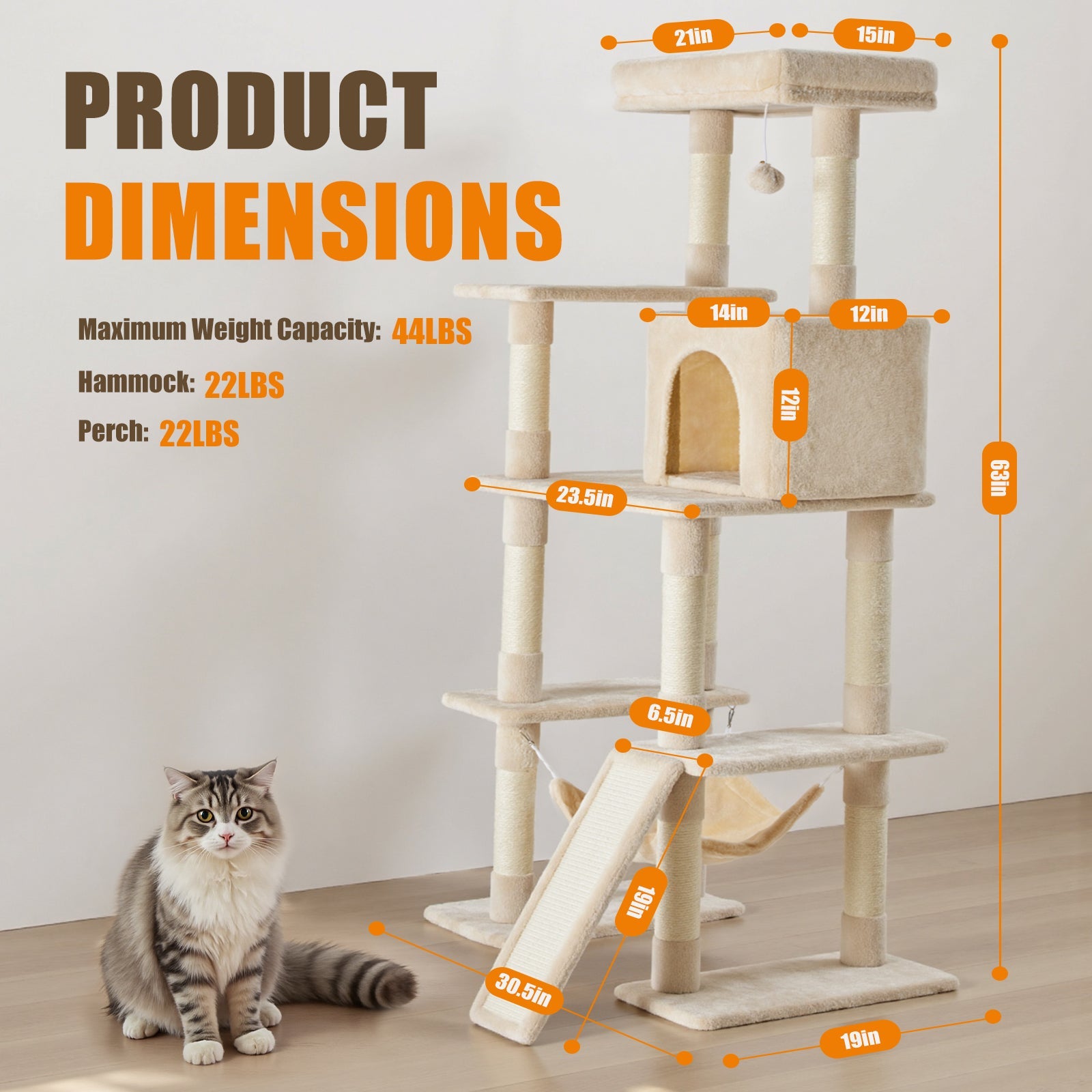 63 Inch Plush Cat Tree Tower for Indoor Cats