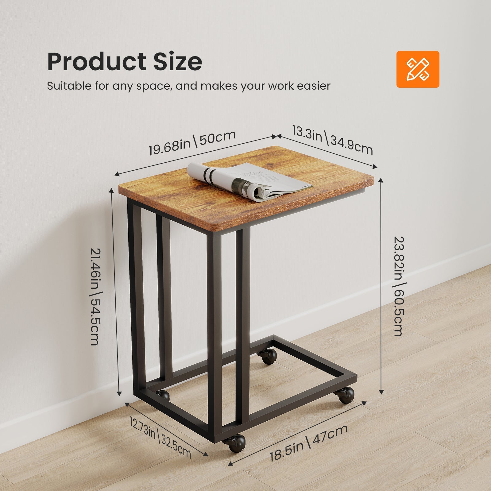 C-Shaped Side Table with Removable Casters for Small Spaces