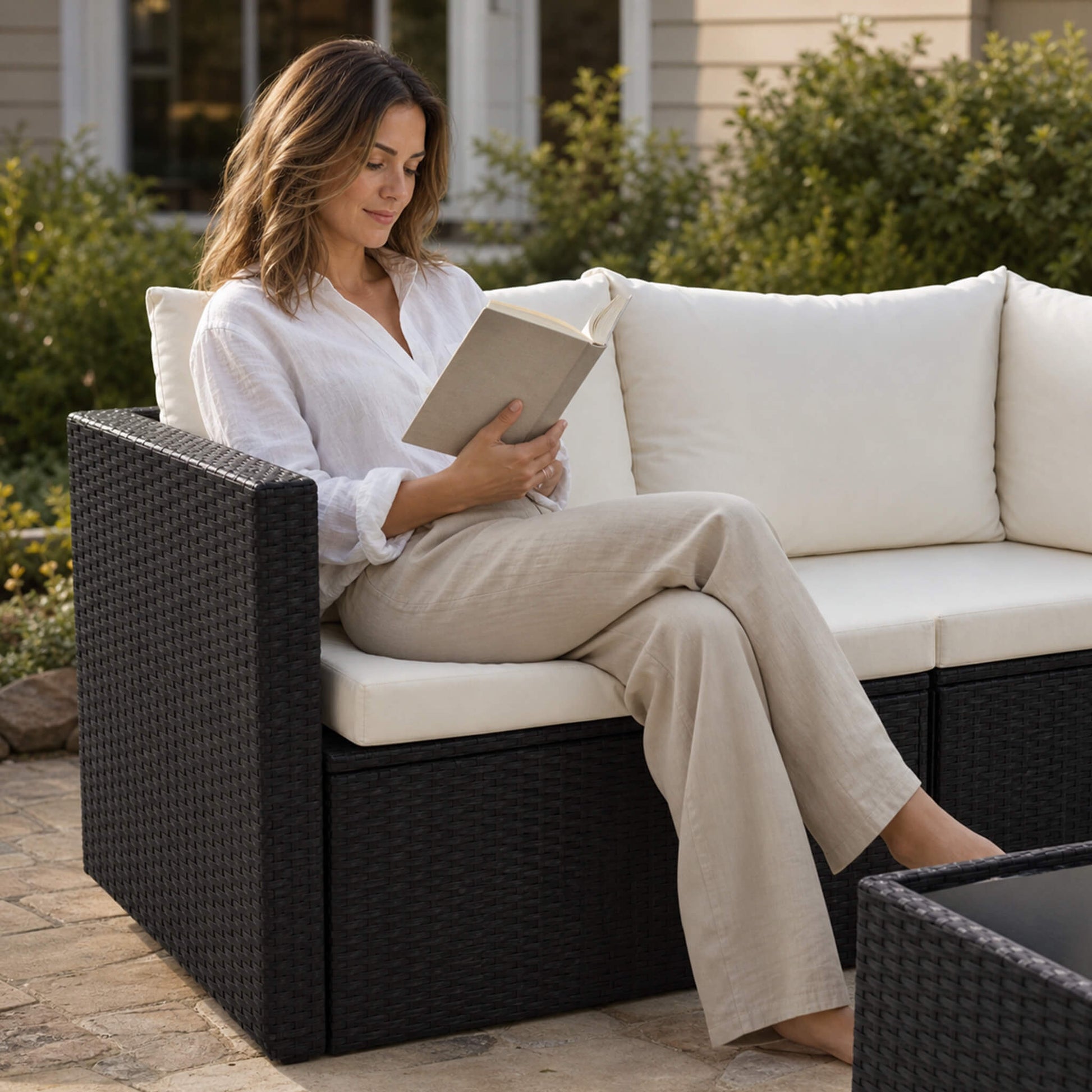 Outdoor Wicker Sectional Sofa Set-6 Sectionals & Glass Table