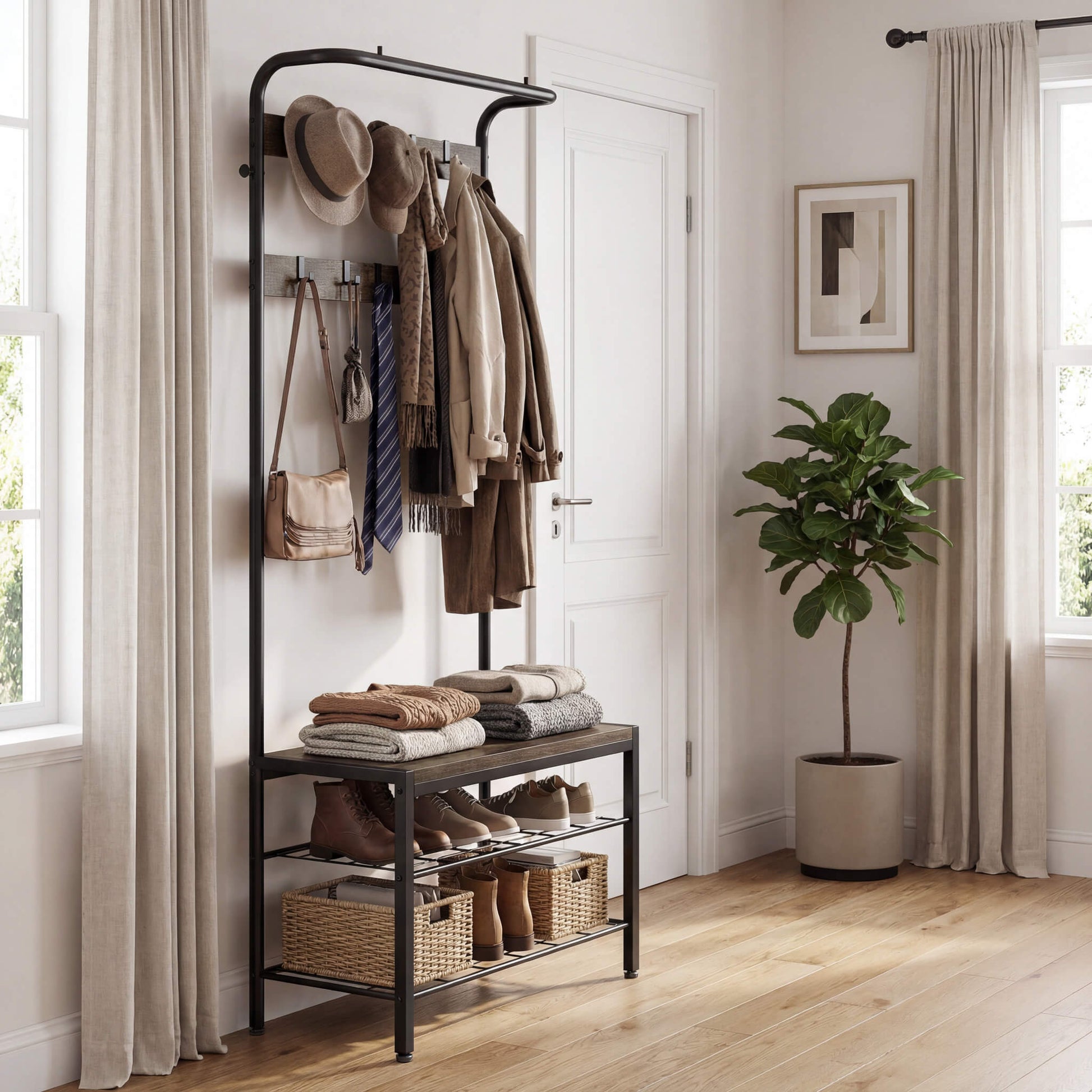 Modern Coat Rack with Shoe Bench, Hall Tree for Living Room