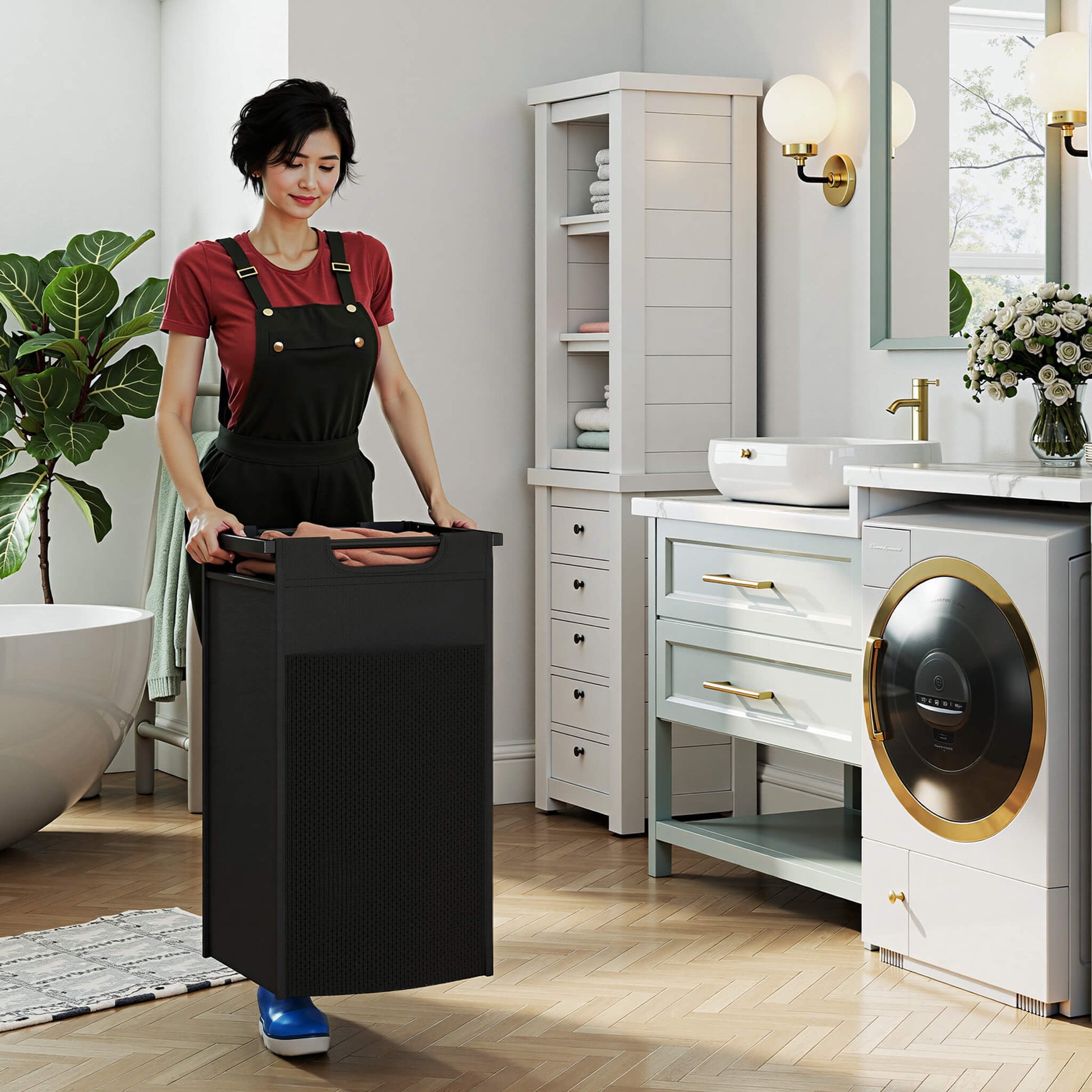 Rolling Laundry Basket with Shelf with Multiple Drawers