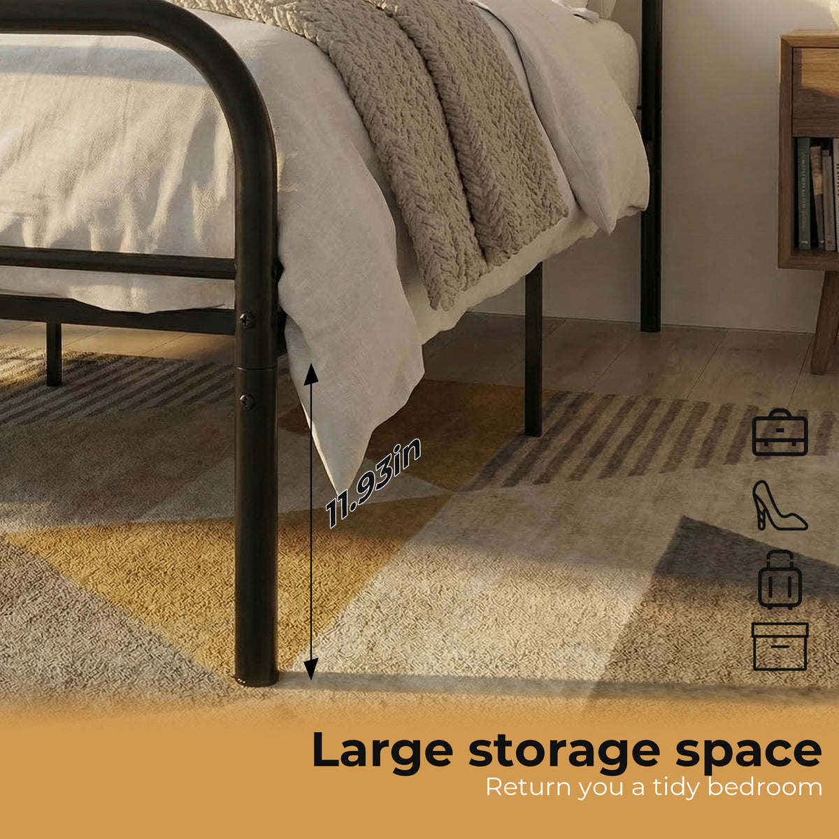 Heavy Duty Metal Platform Bed Frame with Headboard & Under Bed Storage, Noise-Free