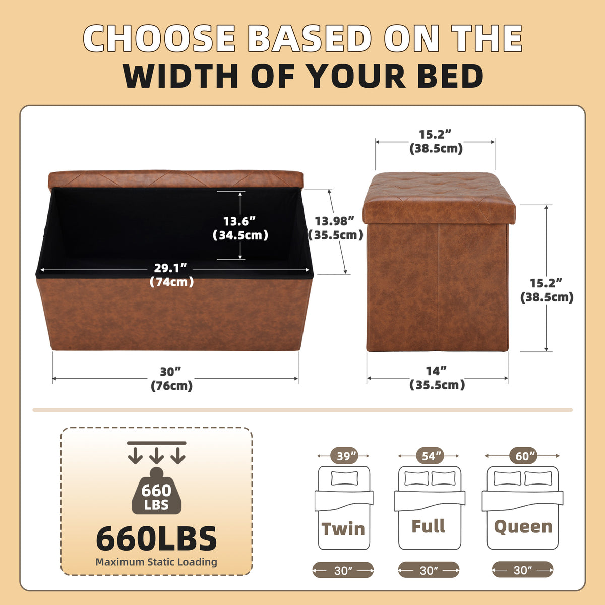 Storage Ottoman Bench, Foldable PVC Leather Chest &amp; Foot Stool with Padded Seat for Bedroom, Supports 660 lbs