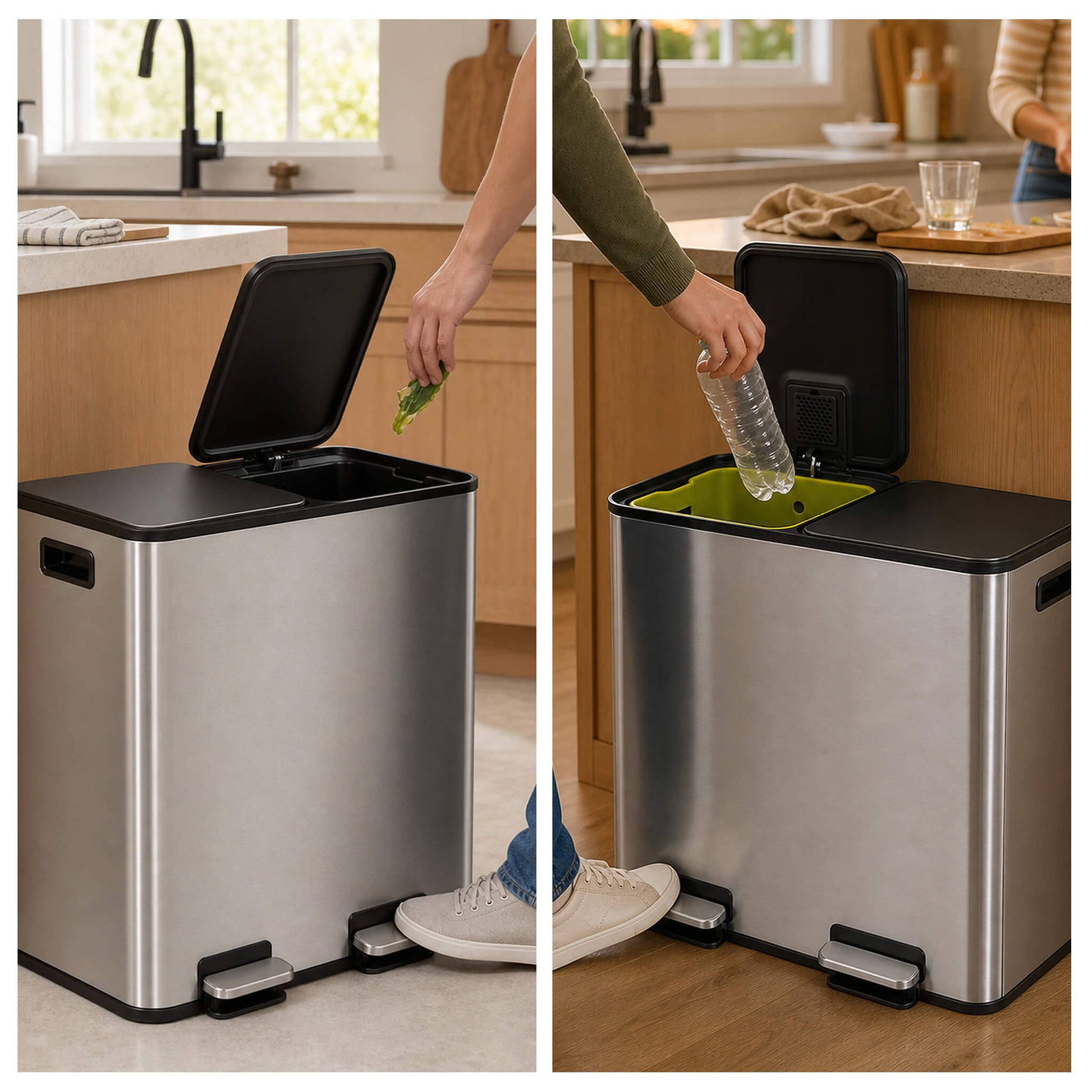 Double-Bin Stainless Steel Trash Can with Lid