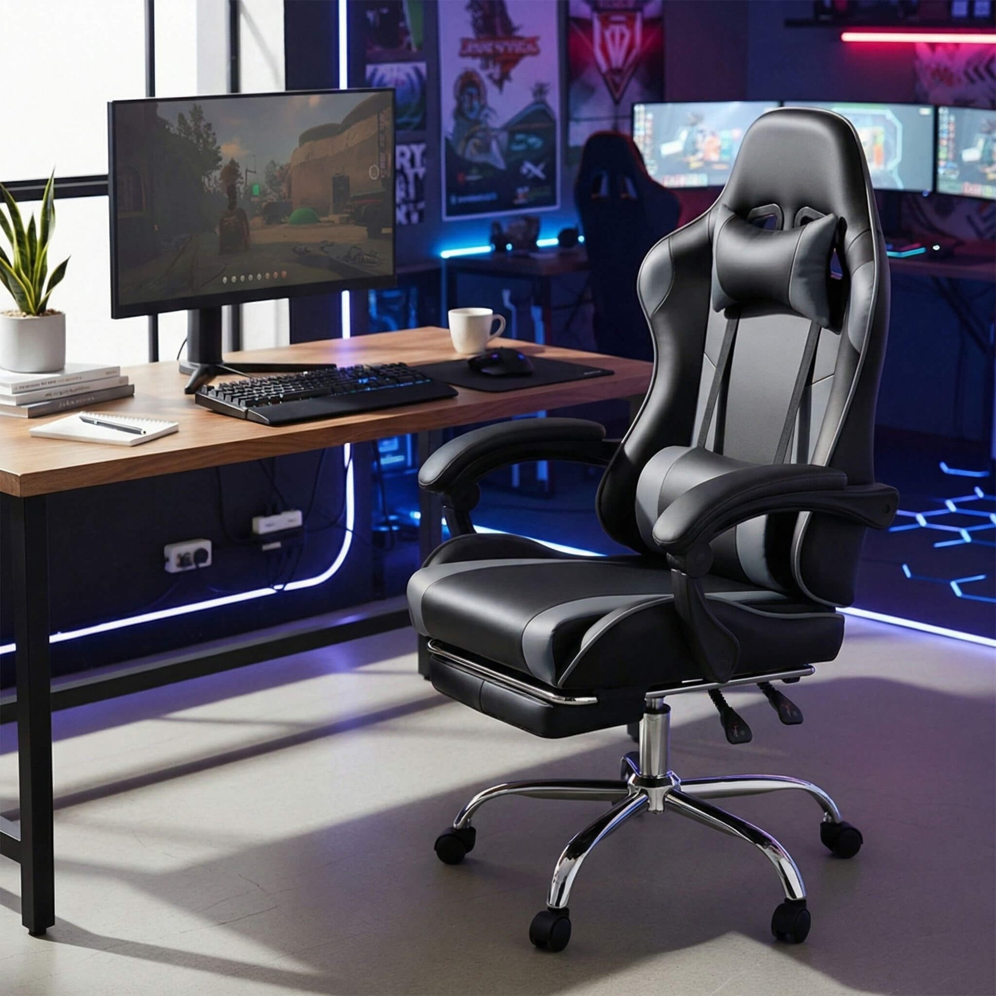 Gaming Chair with Footrest Upholstered Armrests for Home Office