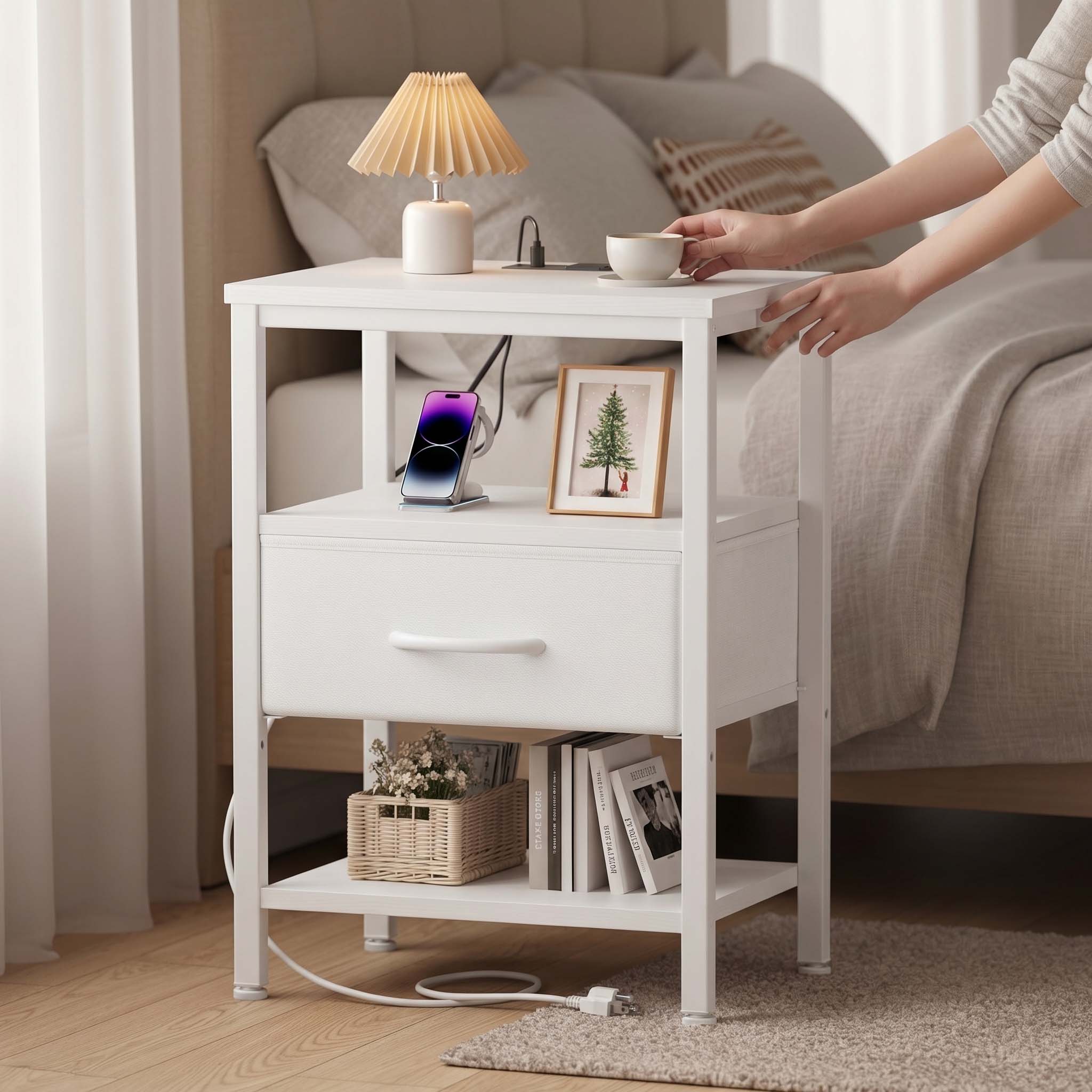 Modern Nightstand with Power Outlets and Fabric Drawer