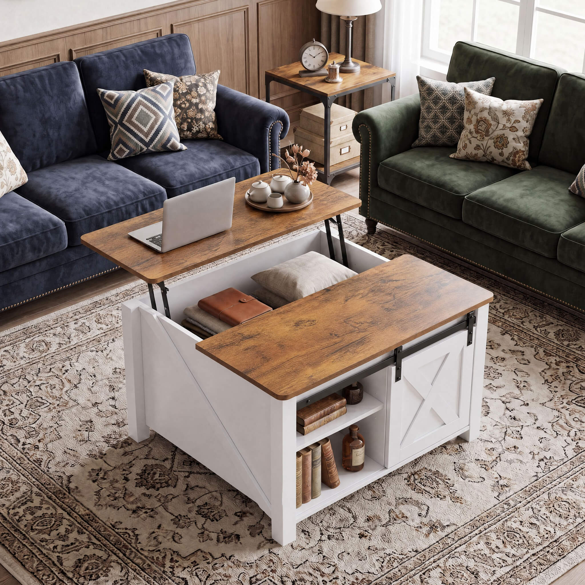 Square Coffee Table with Lift-Top Storage and Sliding Barn Doors