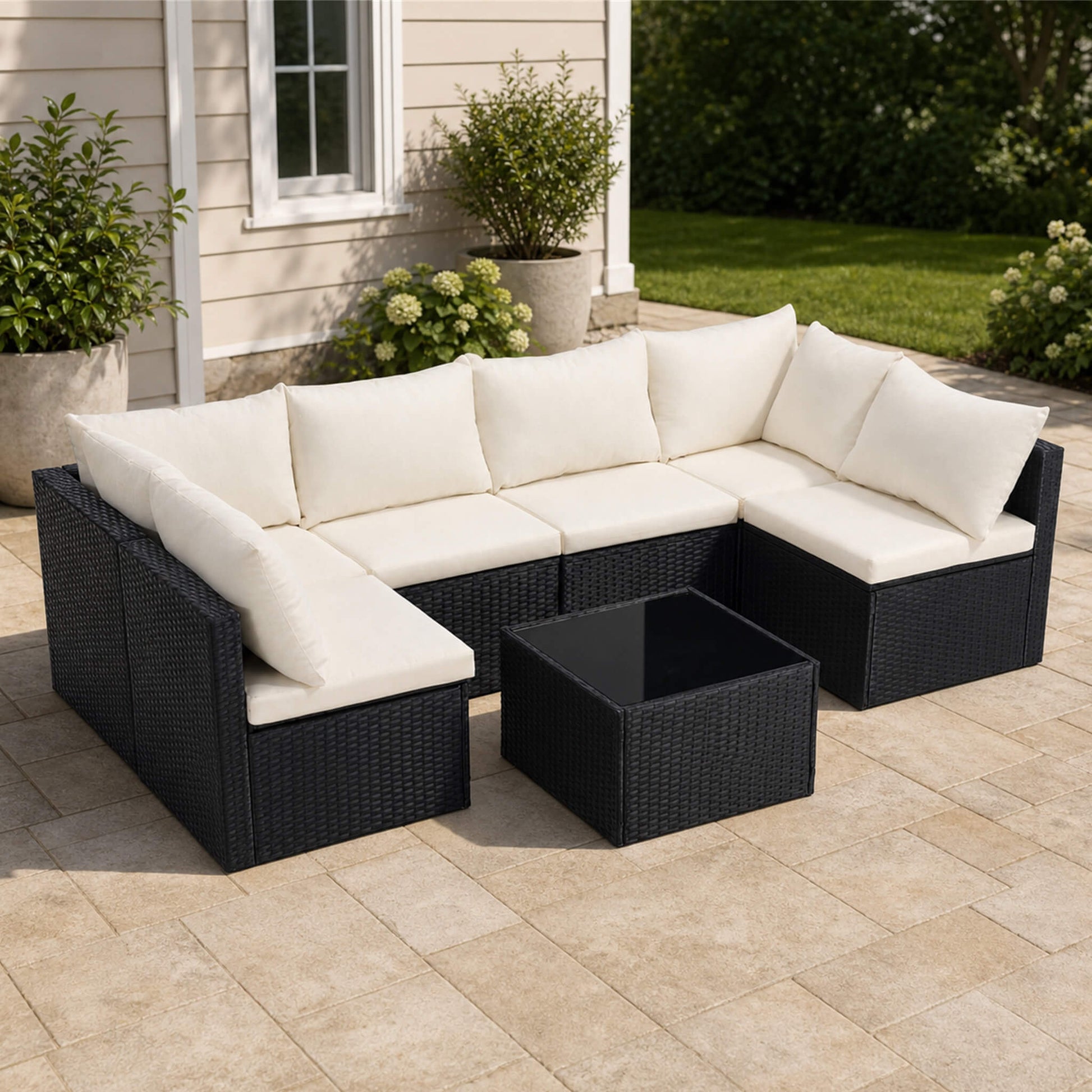 Outdoor Wicker Sectional Sofa Set-6 Sectionals & Glass Table