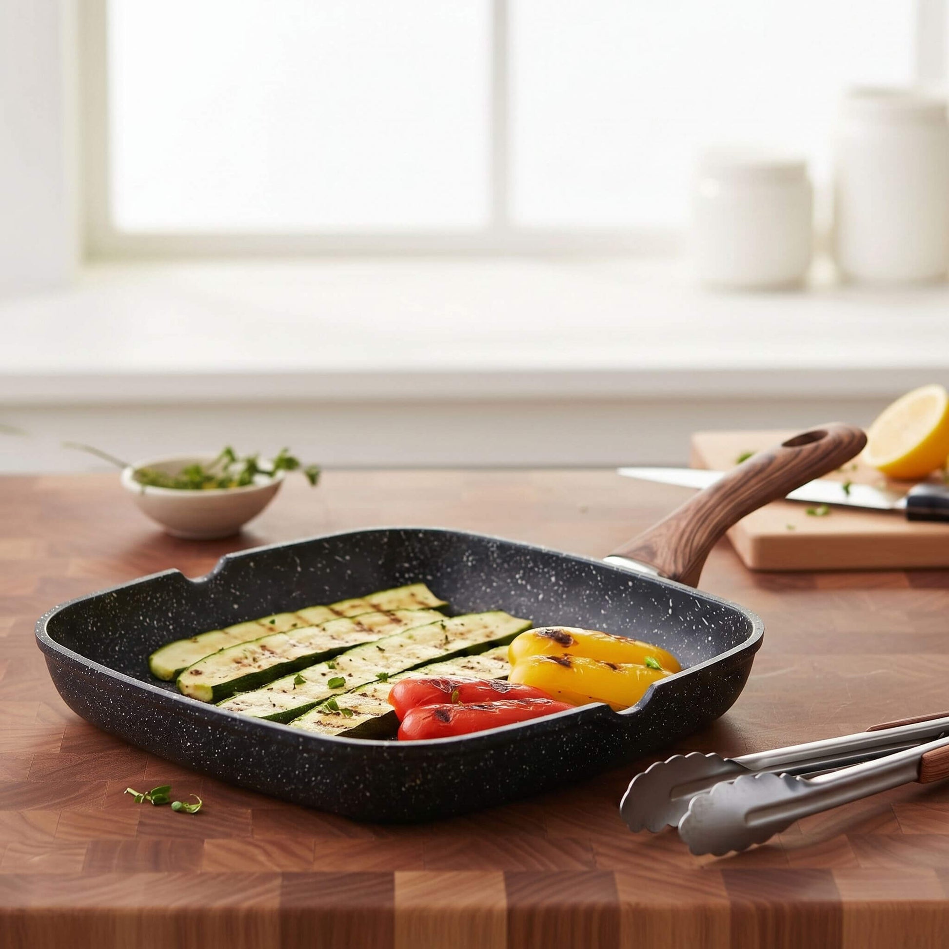 Nonstick Cookware Set, Square Frying Pan Set with Wooden Handle