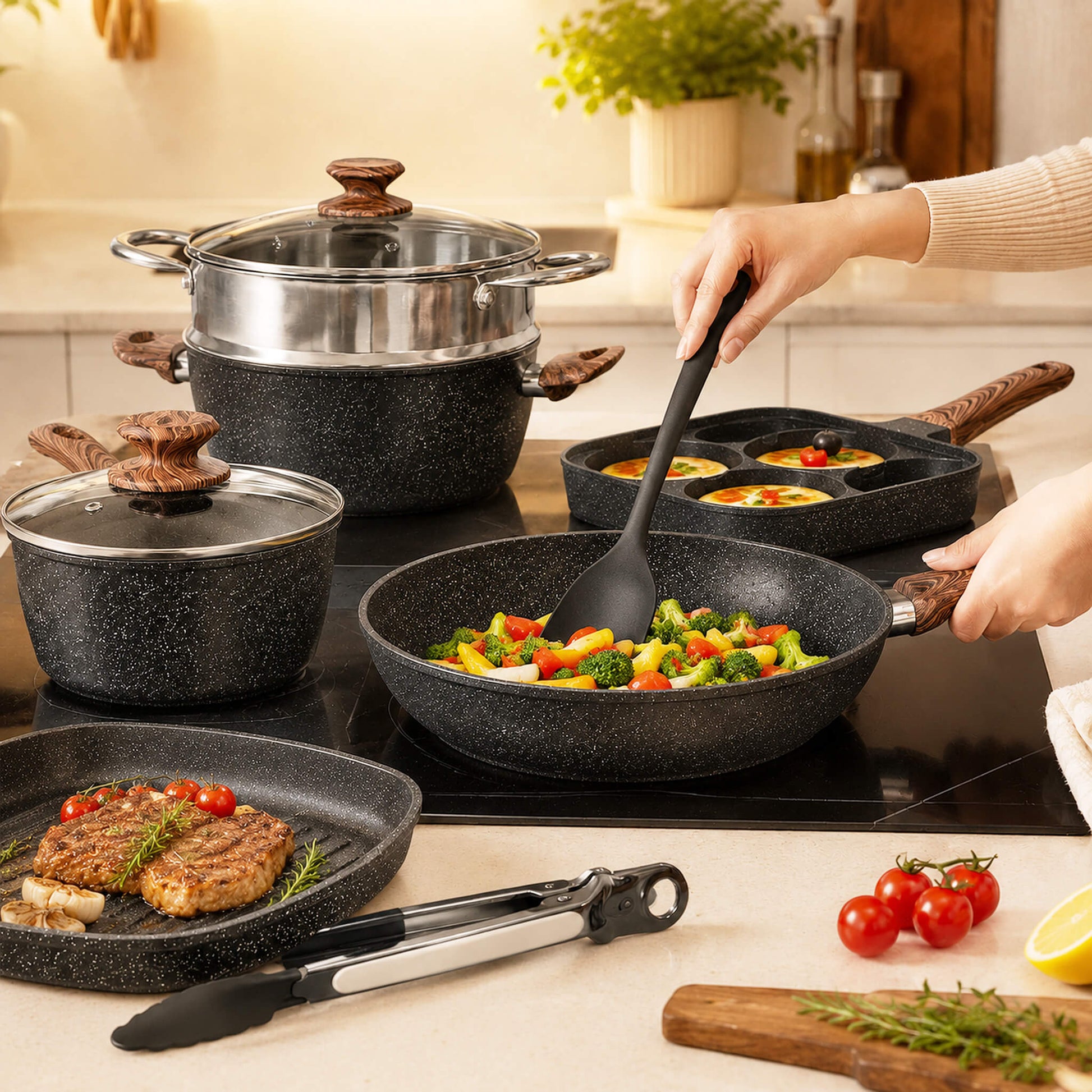 17-Piece Non-Stick Cookware Set with Detachable Handles