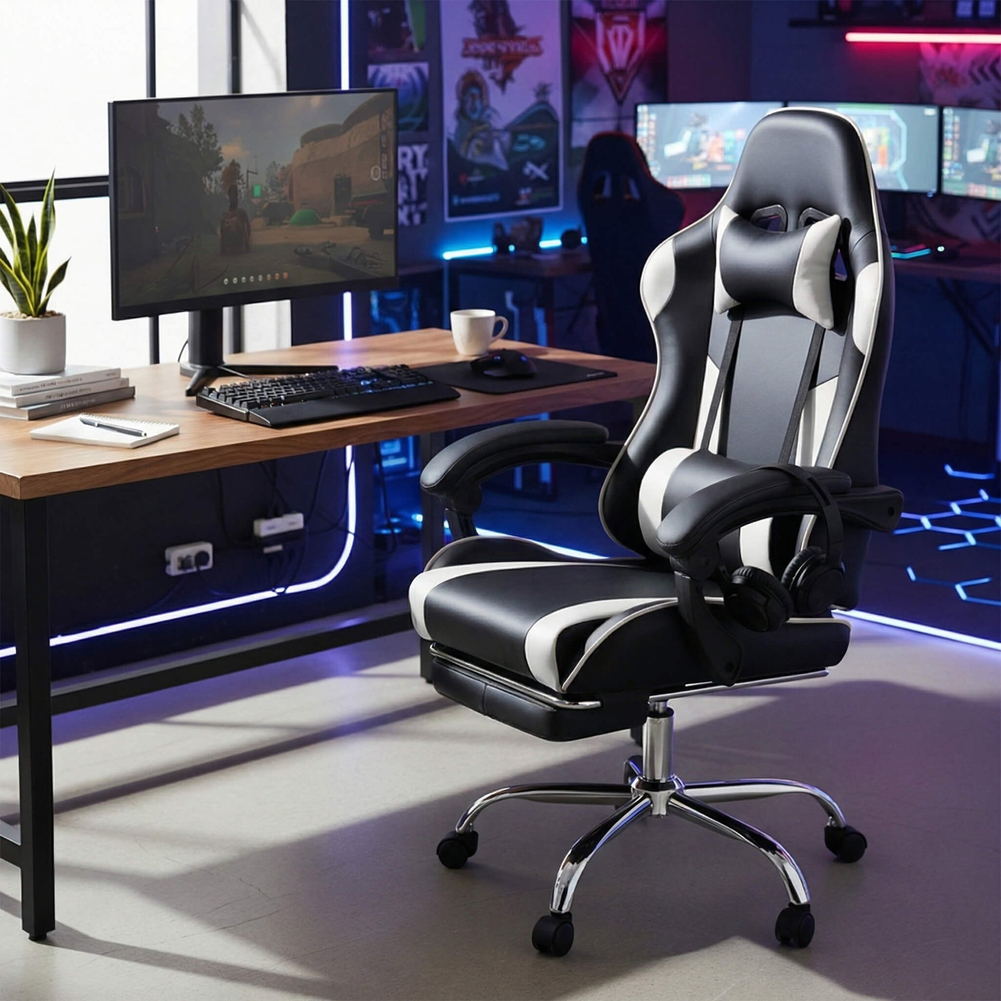 Gaming Chair with Footrest Upholstered Armrests for Home Office