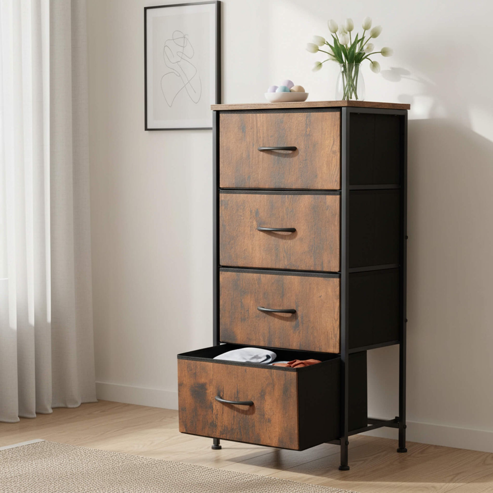 4 Fabric Drawers Dresser Clothes Cabinet Storage Organizers