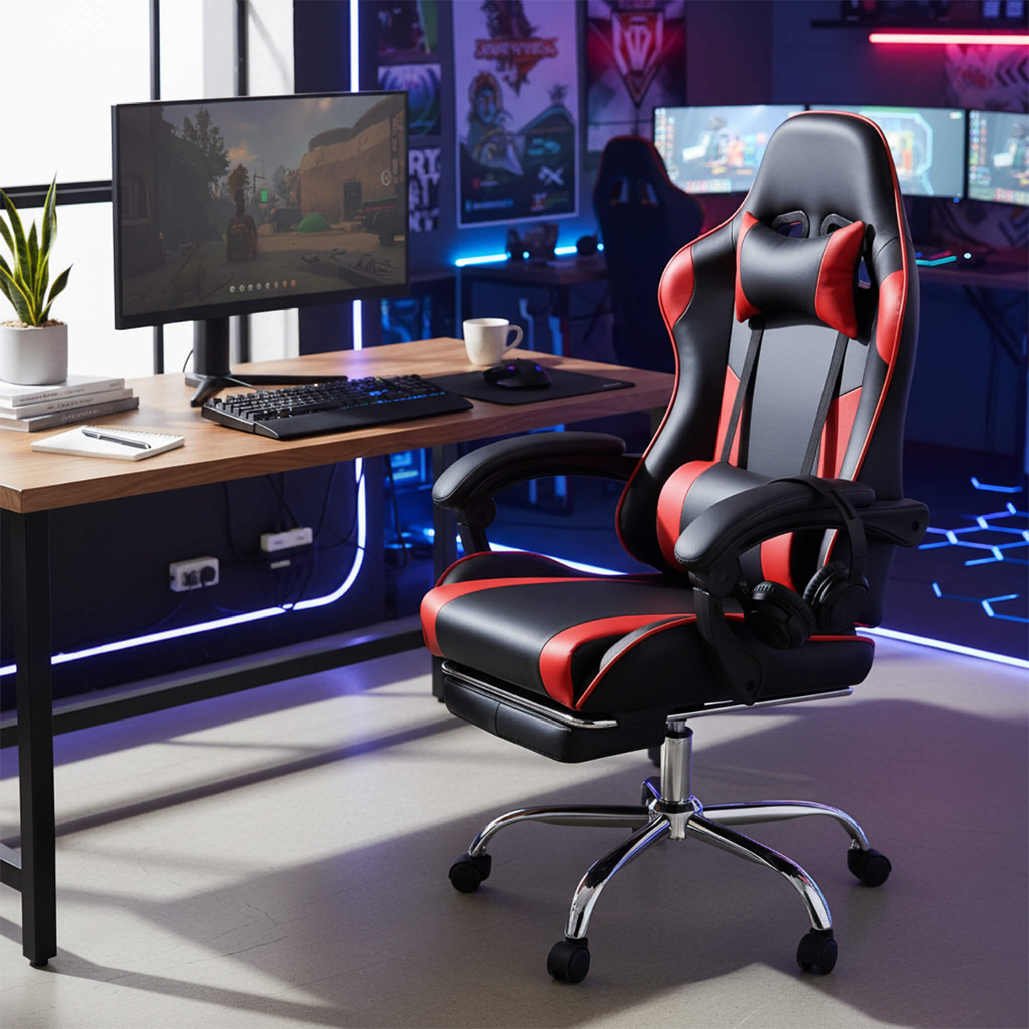 Gaming Chair with Footrest Upholstered Armrests for Home Office