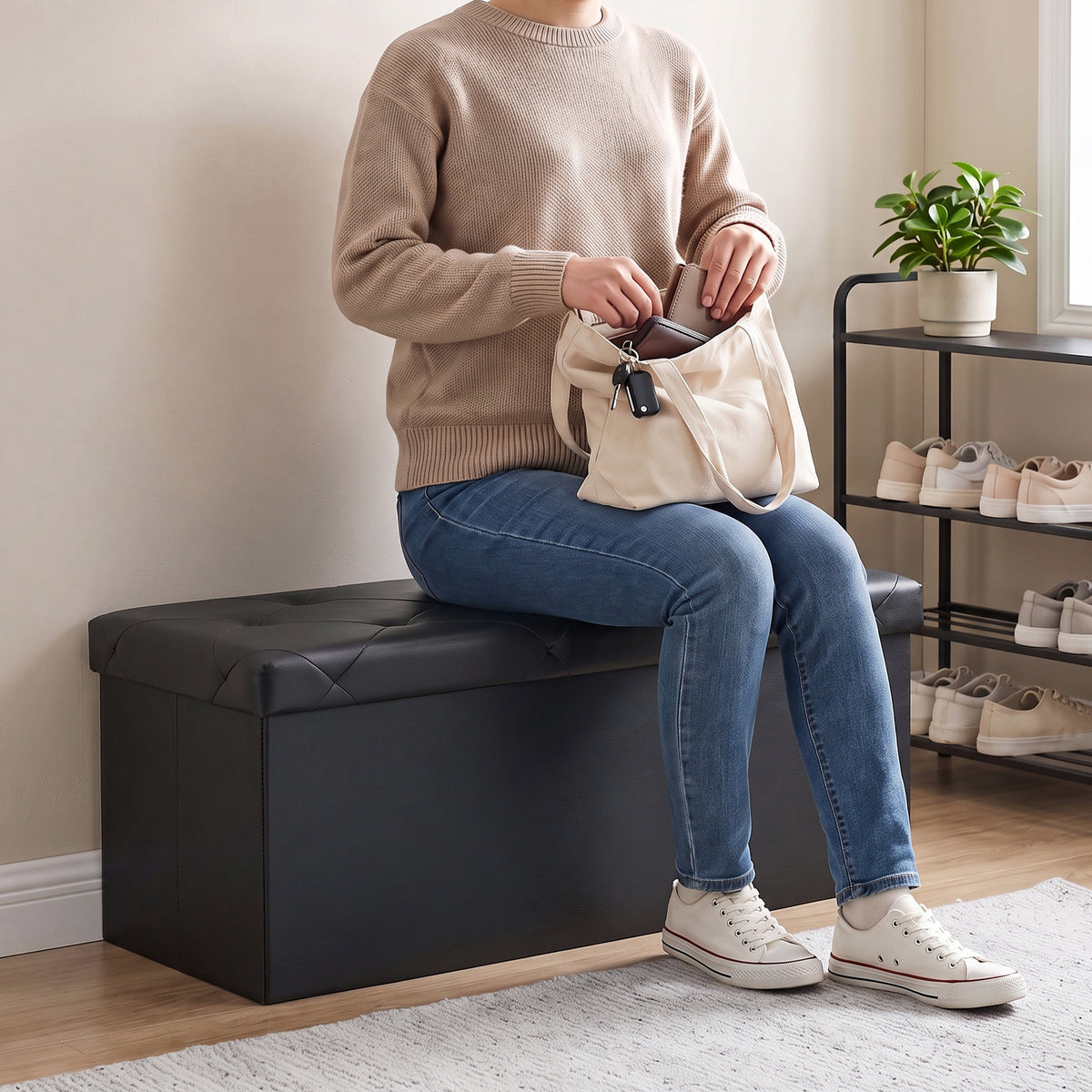 Storage Ottoman Bench, Foldable PVC Leather Chest &amp; Foot Stool with Padded Seat for Bedroom, Supports 660 lbs