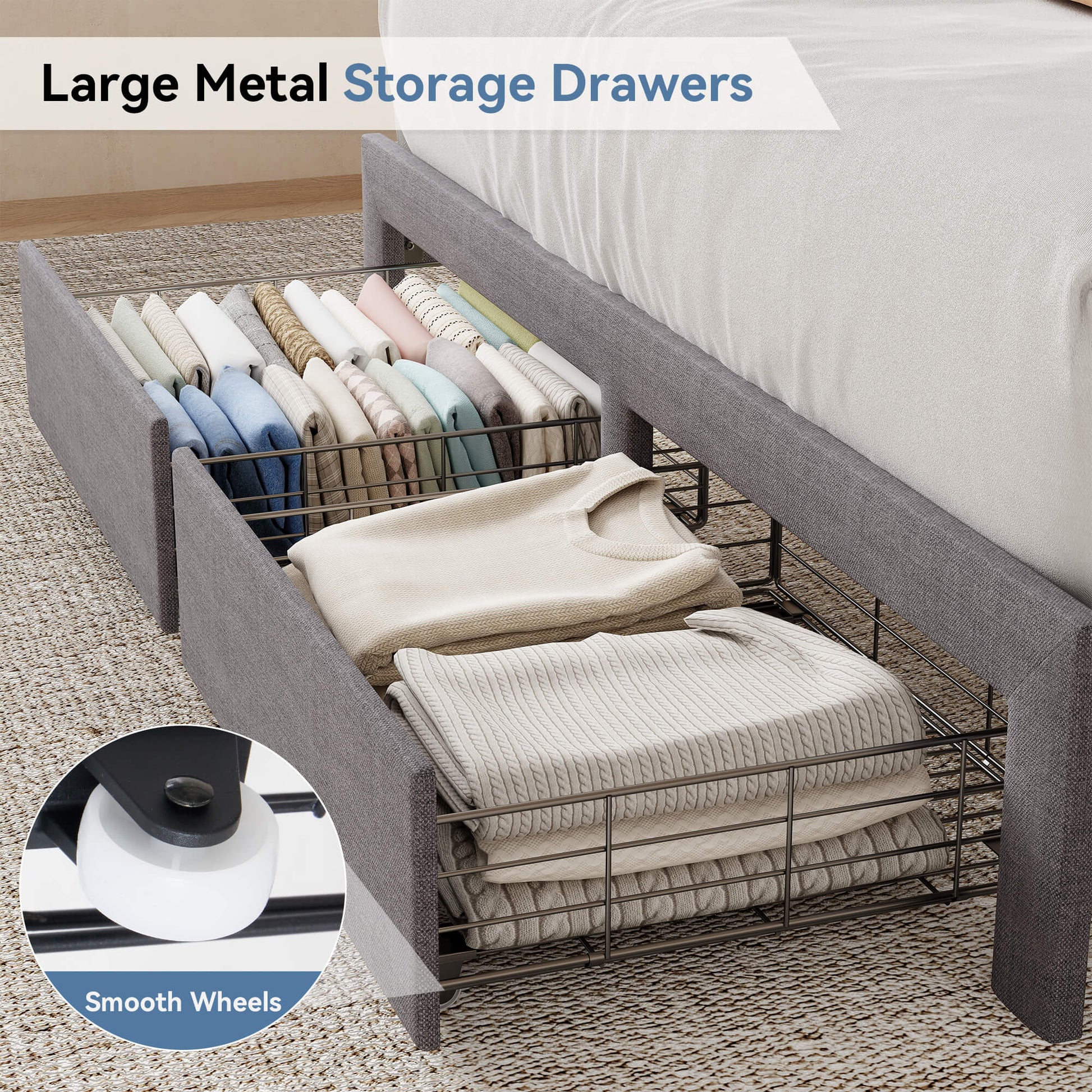 Upholstered Heavy Duty Platform Bed Frame with Drawers
