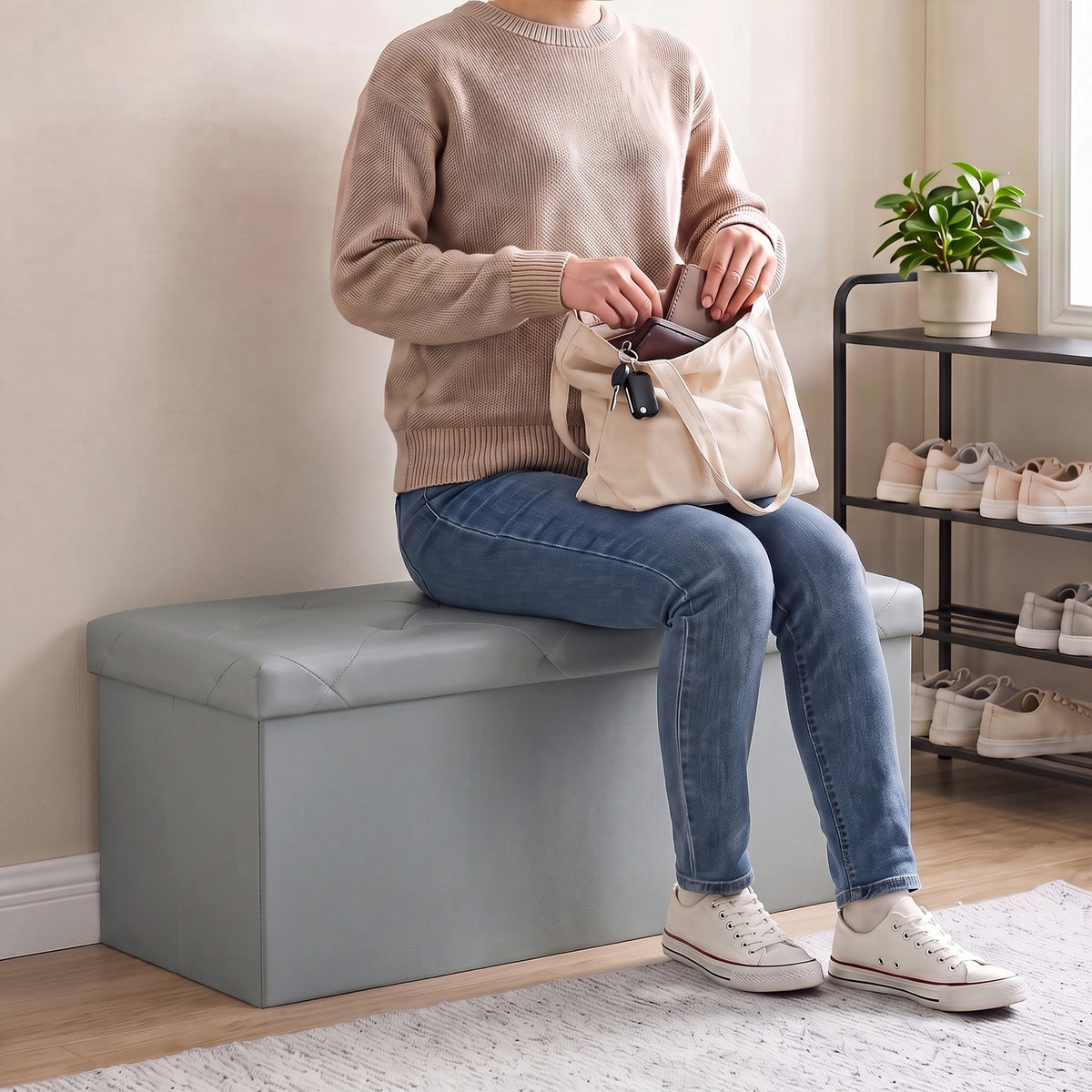 Storage Ottoman Bench, Foldable PVC Leather Chest &amp; Foot Stool with Padded Seat for Bedroom, Supports 660 lbs