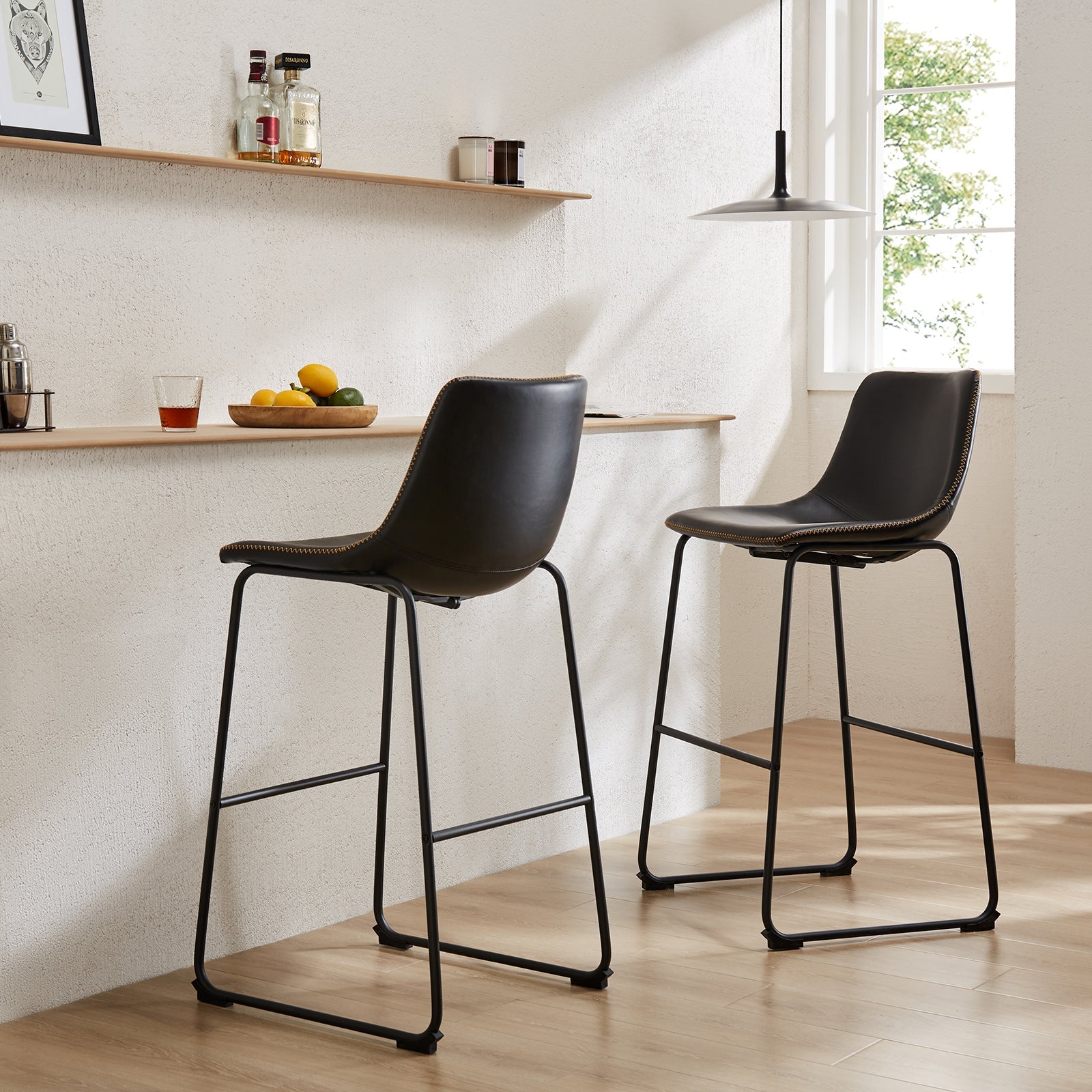 Faux Leather Bar Stools with Metal Legs for Kitchen & Counter