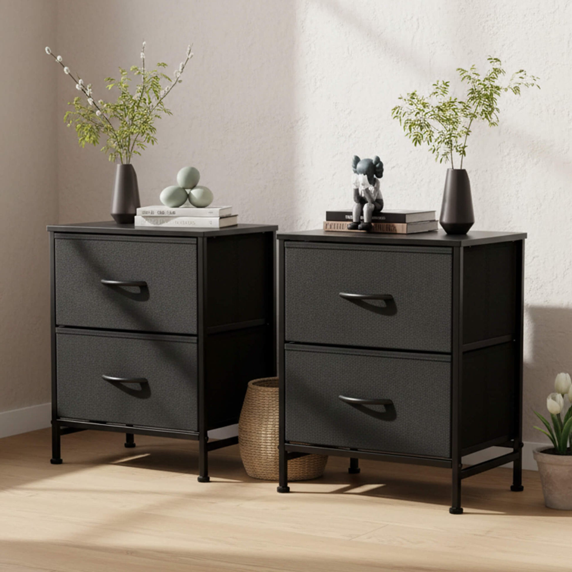 Nightstand Small Dresser With 2 Fabric Drawers Side Bedroom