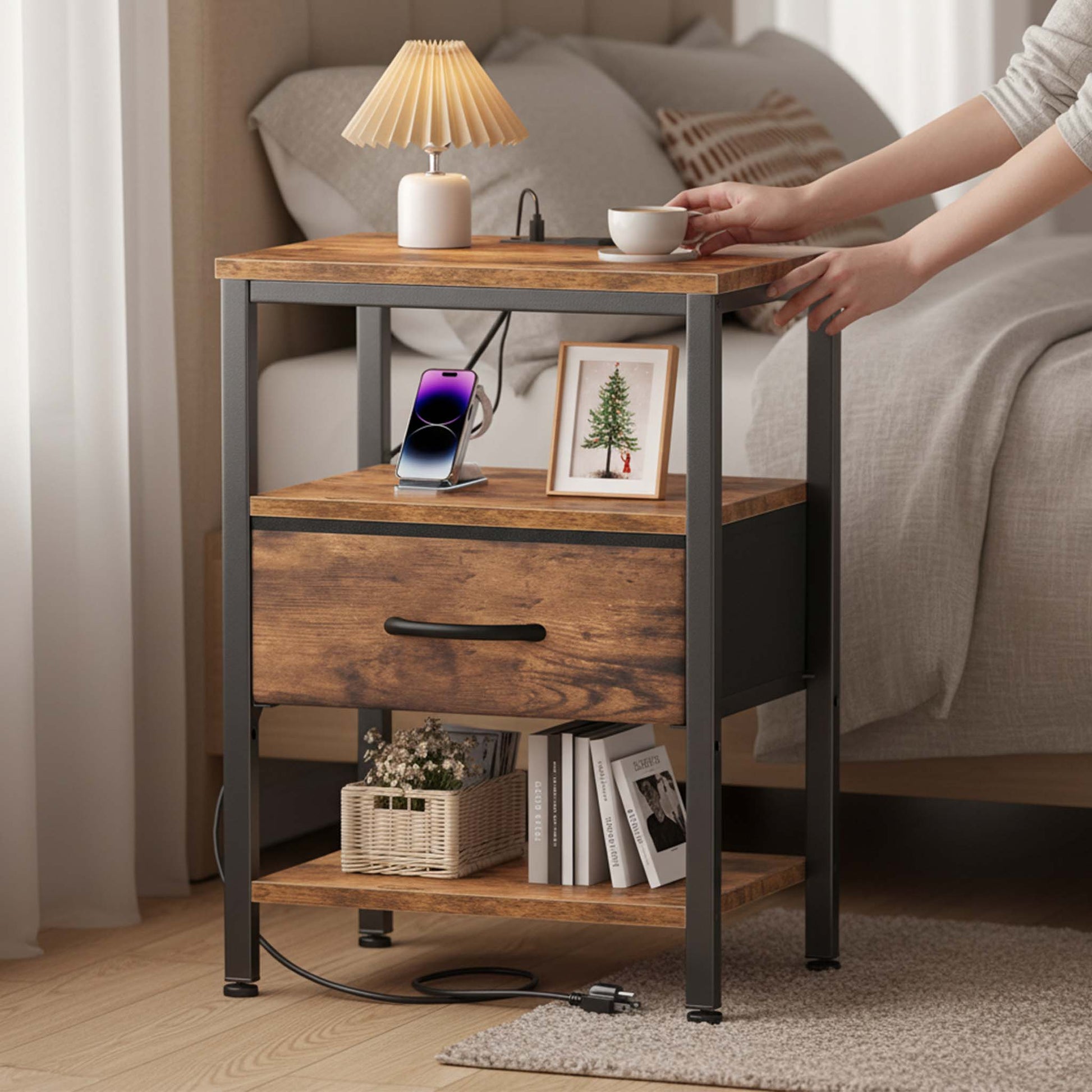 Modern Nightstand with Power Outlets and Fabric Drawer