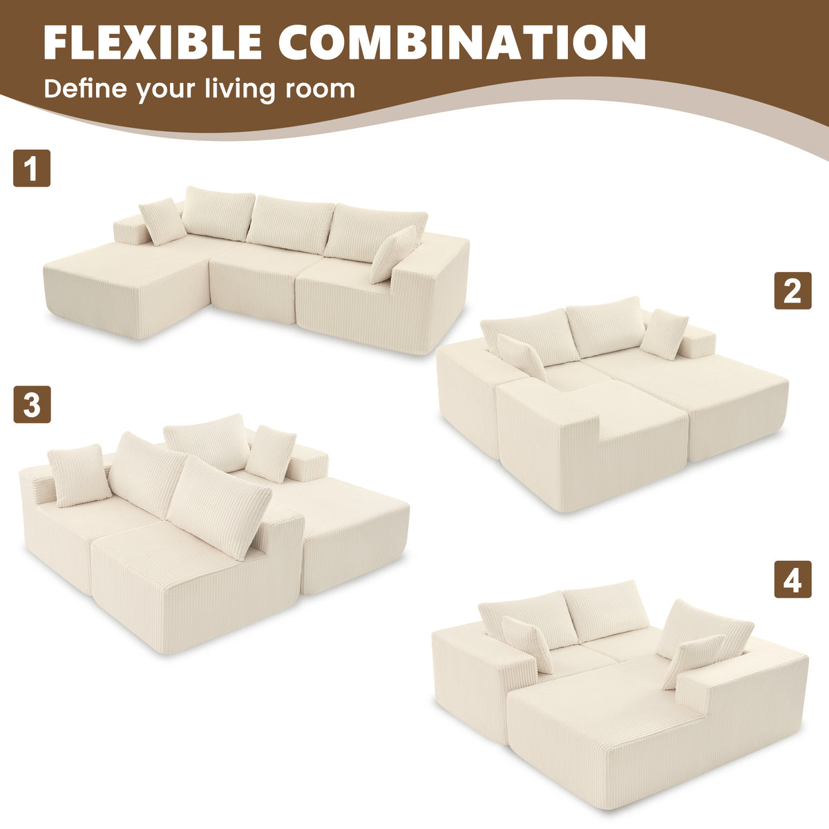 108" Modular Sectional Sofa with Chaise, Cloud Plush Corduroy Couch - Beige