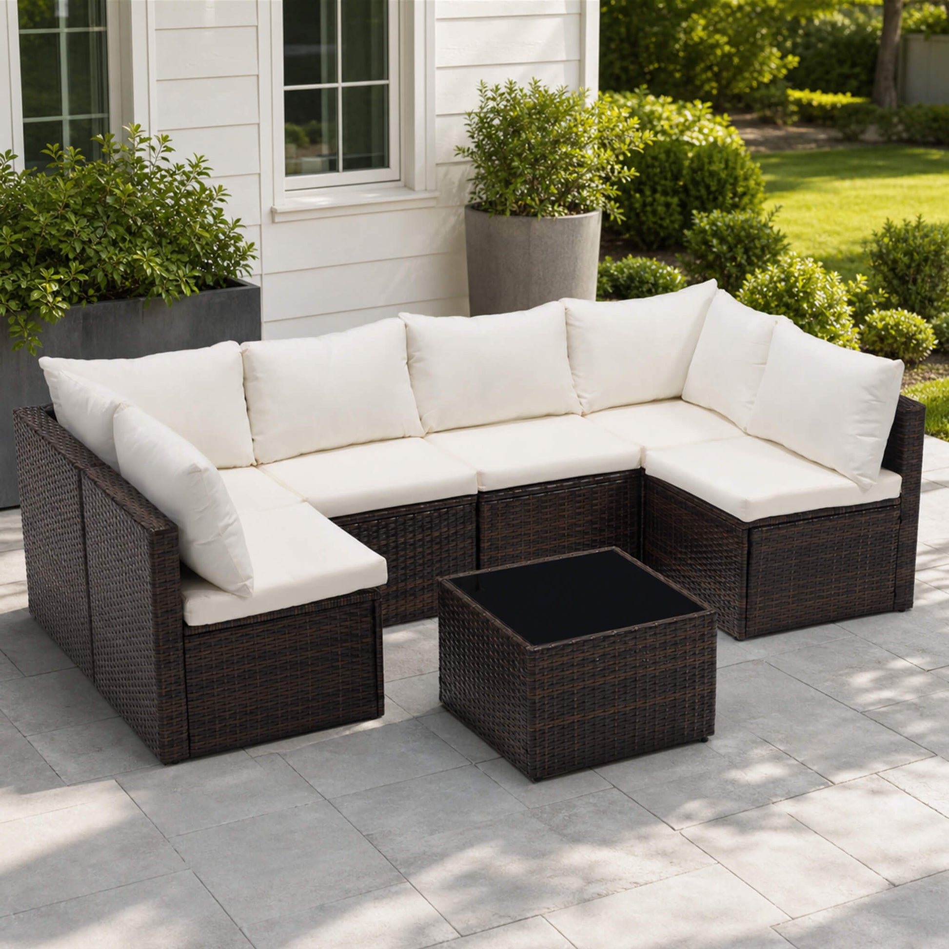 Outdoor Wicker Sectional Sofa Set-6 Sectionals & Glass Table