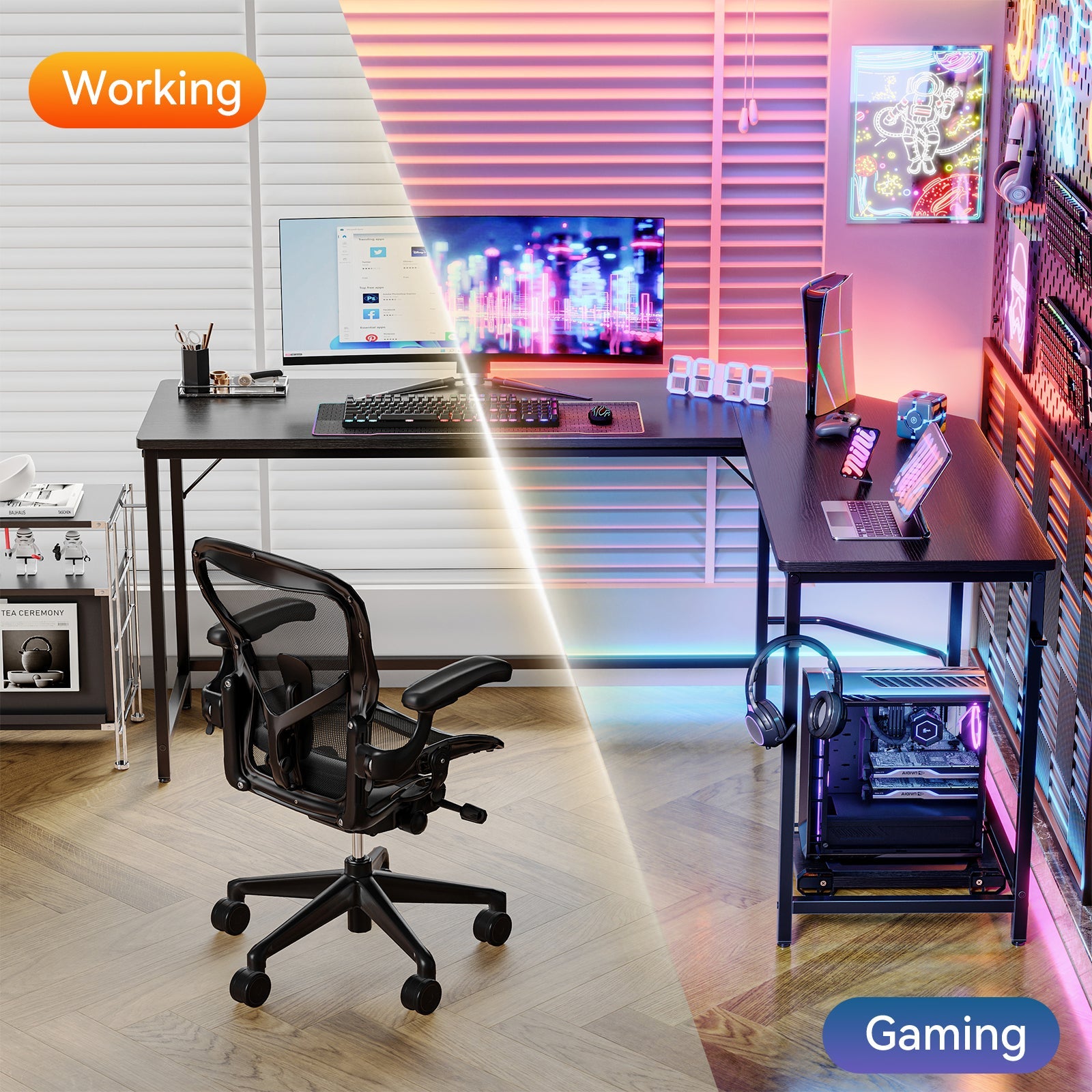 L-shaped Computer Desk with CPU Stand and Side Hooks