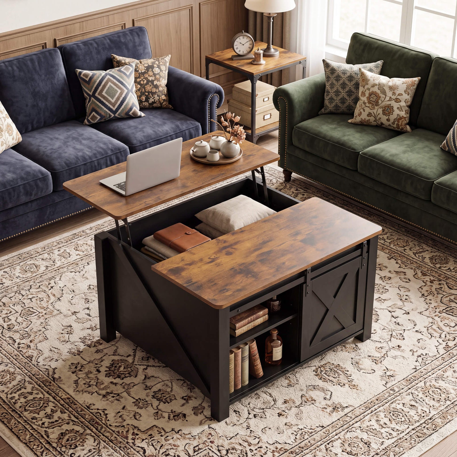 Square Coffee Table with Lift-Top Storage and Sliding Barn Doors
