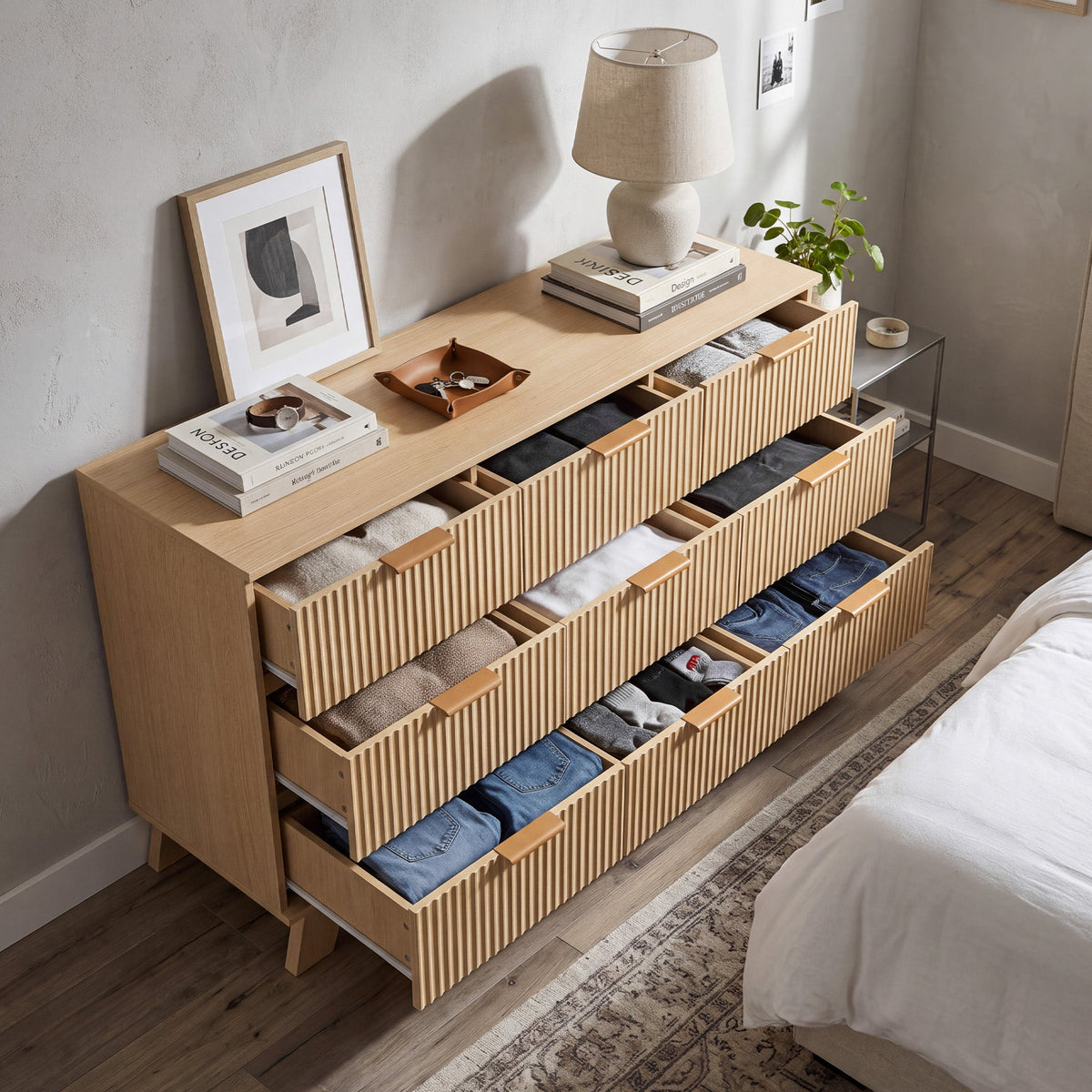 Modern Fluted 9-Drawer Dresser, Wide Wood Chest with Metal Handles, Natural Oak