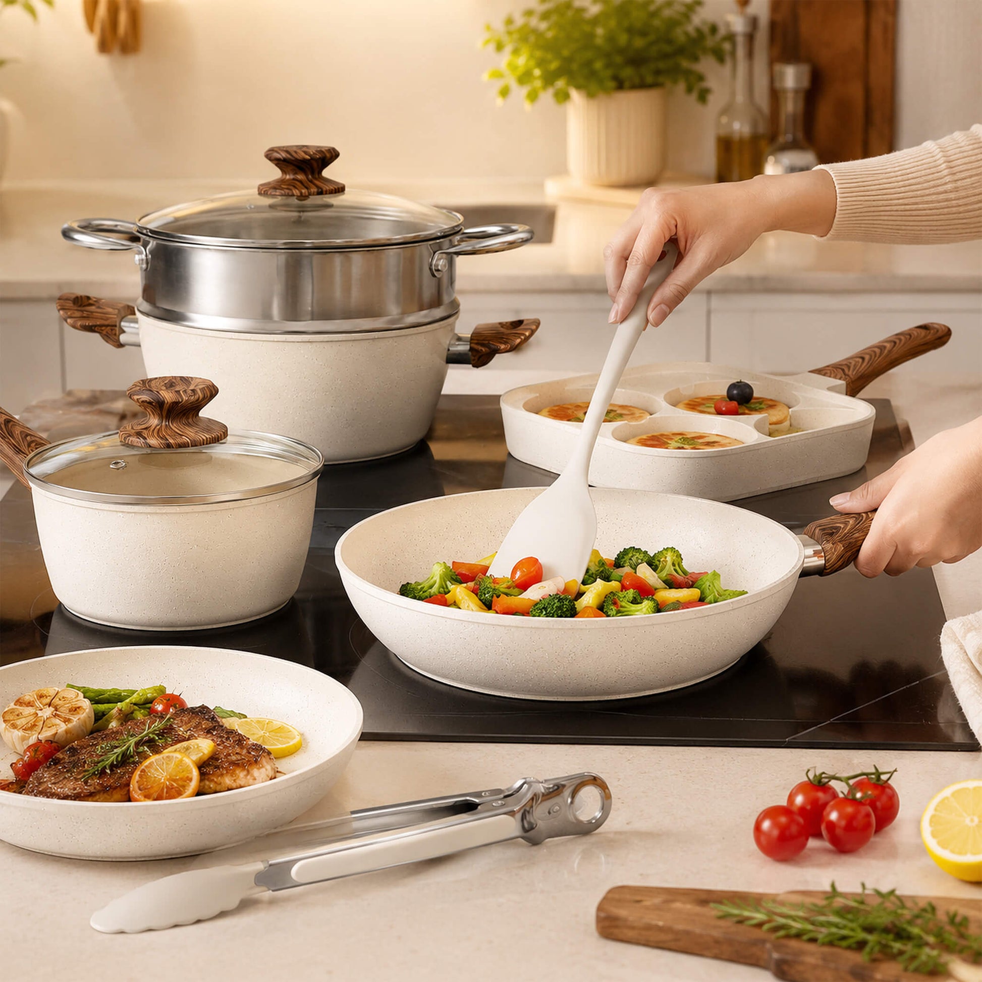 17-Piece Non-Stick Cookware Set with Detachable Handles