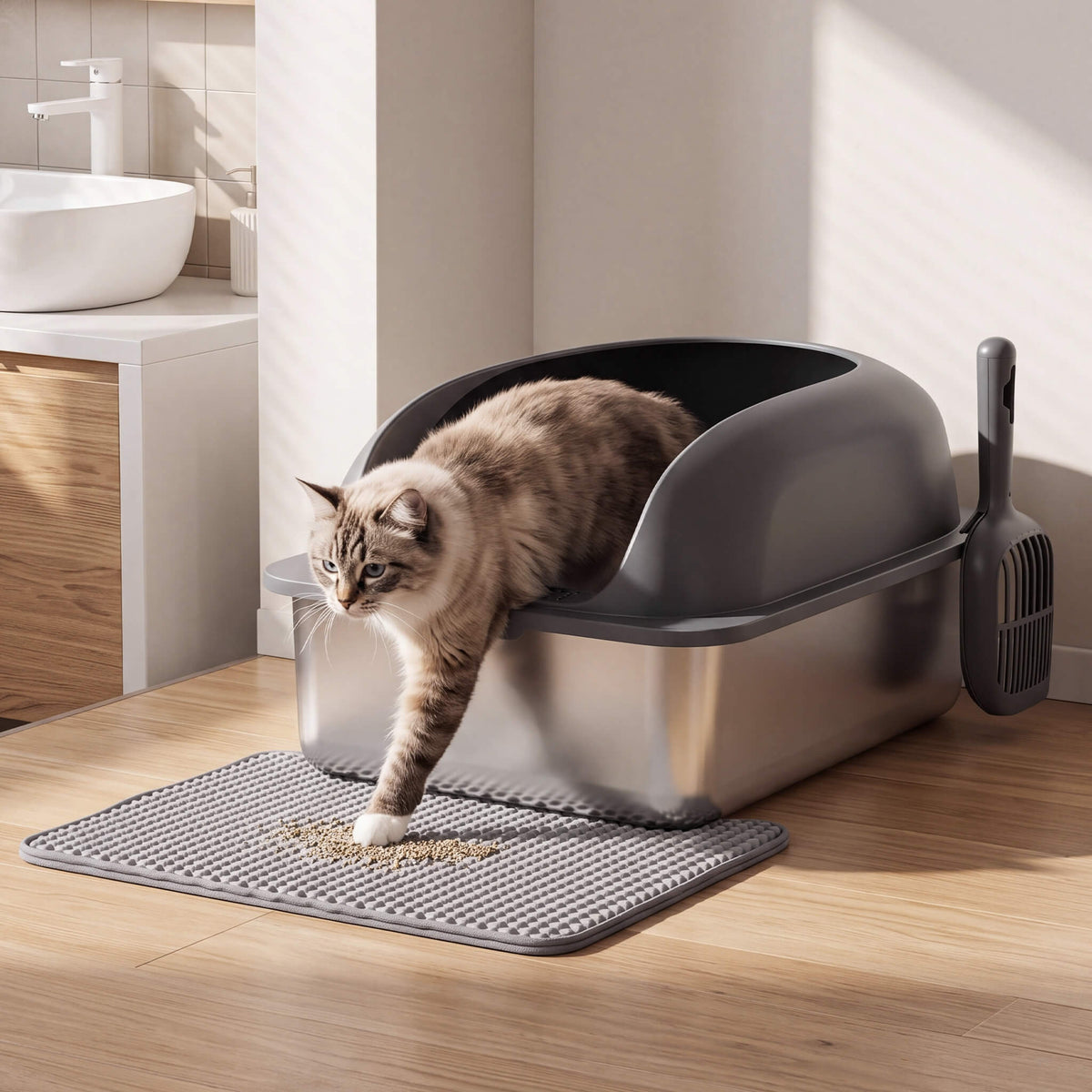Stainless Steel Cat Litter Box with Scoop & Double-Layer Mat