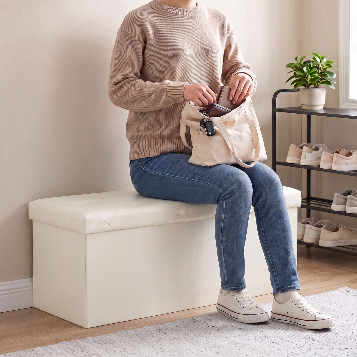 Storage Ottoman Bench, Foldable PVC Leather Chest &amp; Foot Stool with Padded Seat for Bedroom, Supports 660 lbs