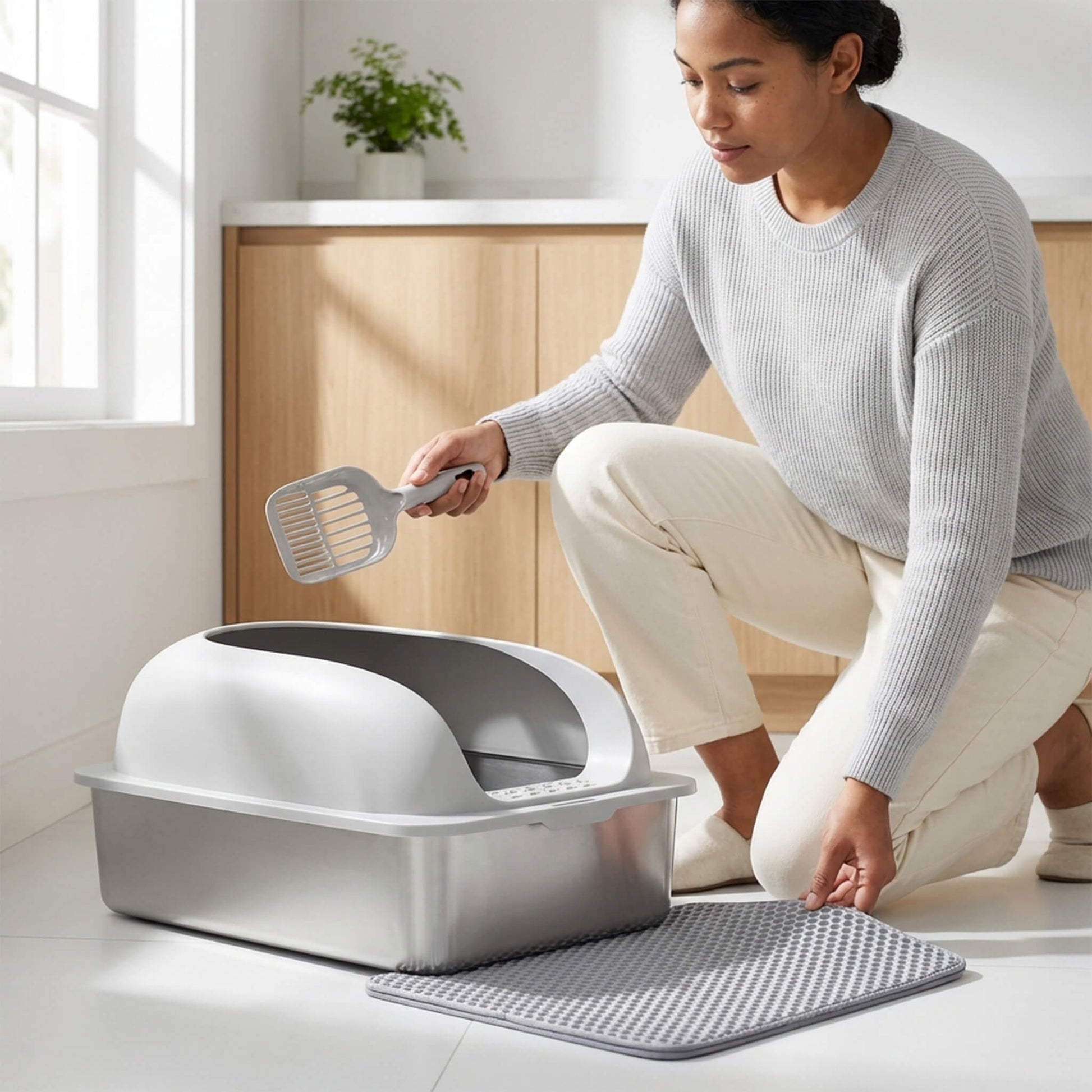 Stainless Steel Cat Litter Box with Scoop & Double-Layer Mat