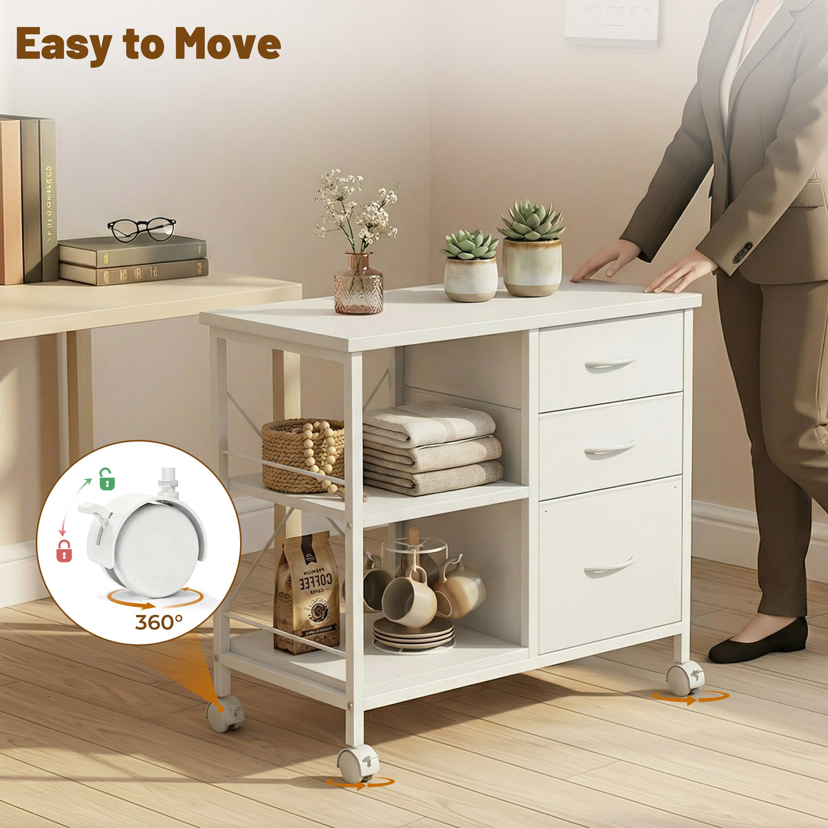 3-Drawer Fabric Rolling File Cabinet with Open Storage Shelf