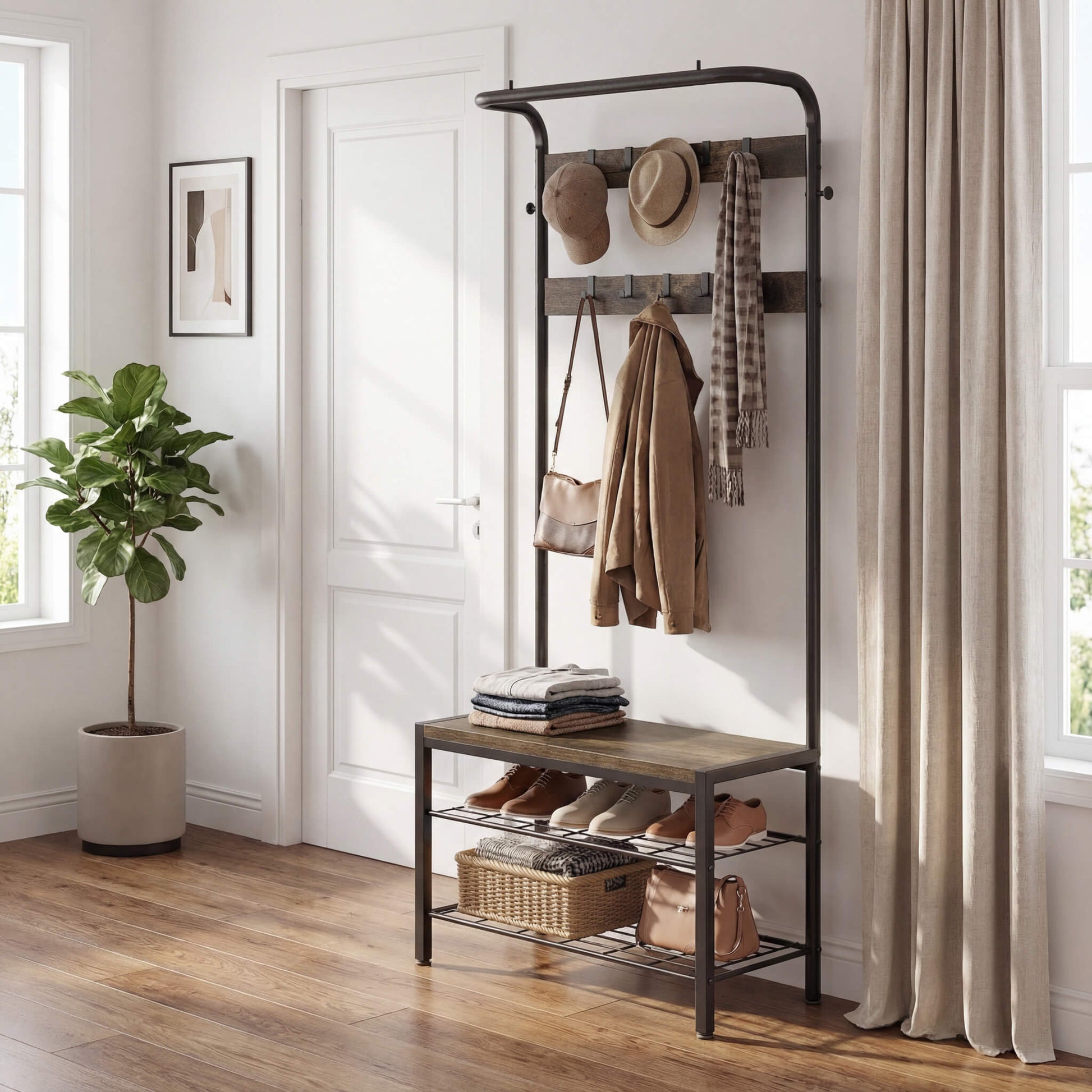 Modern Coat Rack with Shoe Bench, Hall Tree for Living Room