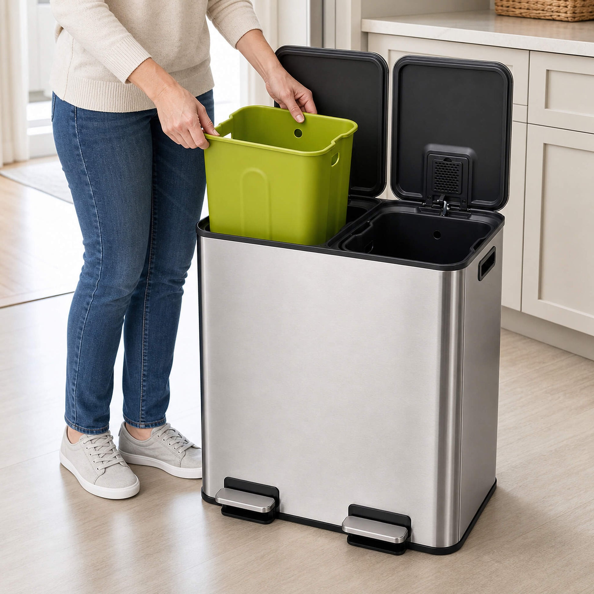 Double-Bin Stainless Steel Trash Can with Lid